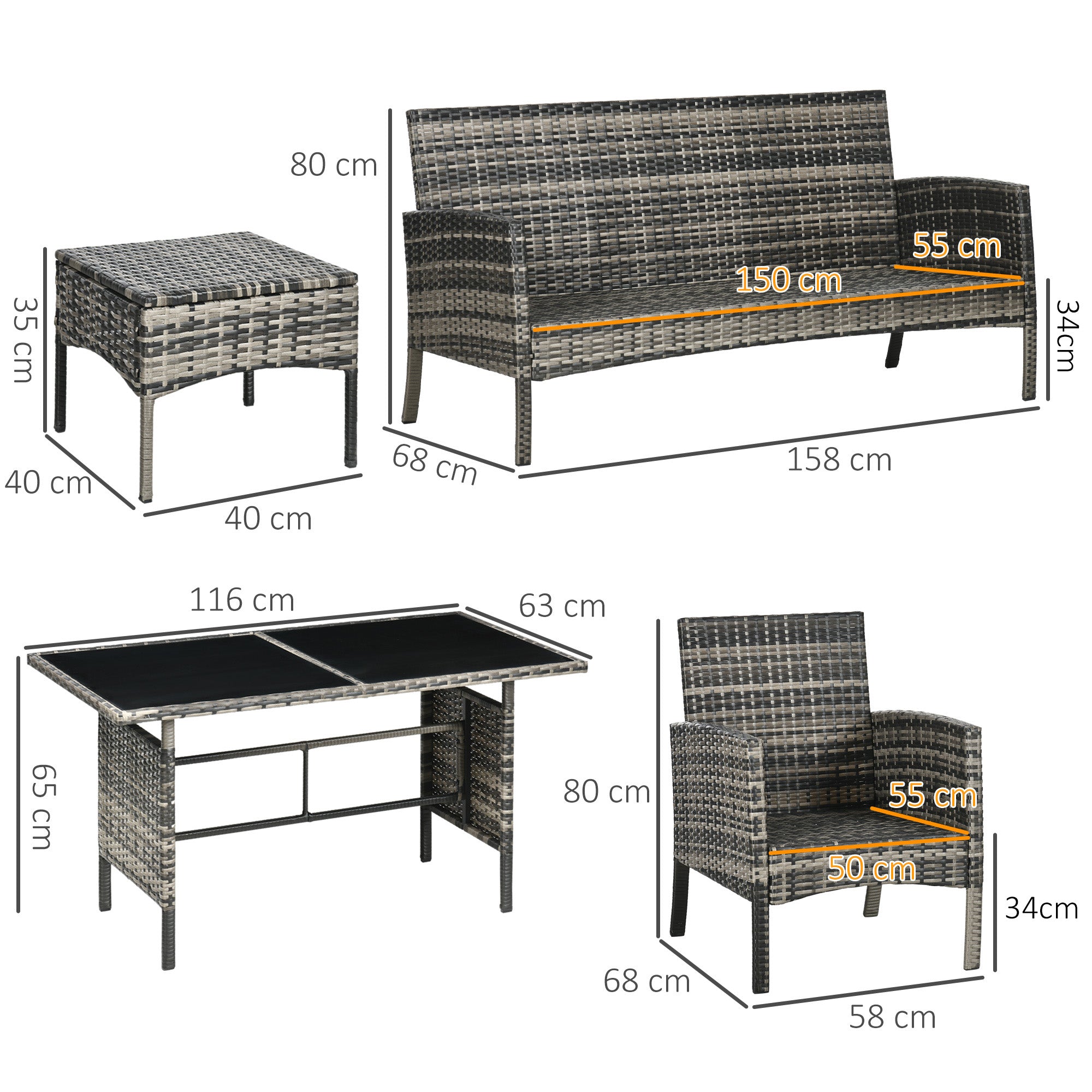 Outsunny Conjunto de Muebles de Jardín Exterior de Ratán Juego de 6 Piezas Muebles de Terraza con Sofá de 3 Plazas Sillones Cojines Taburetes y Mesa de Centro para Patio Gris