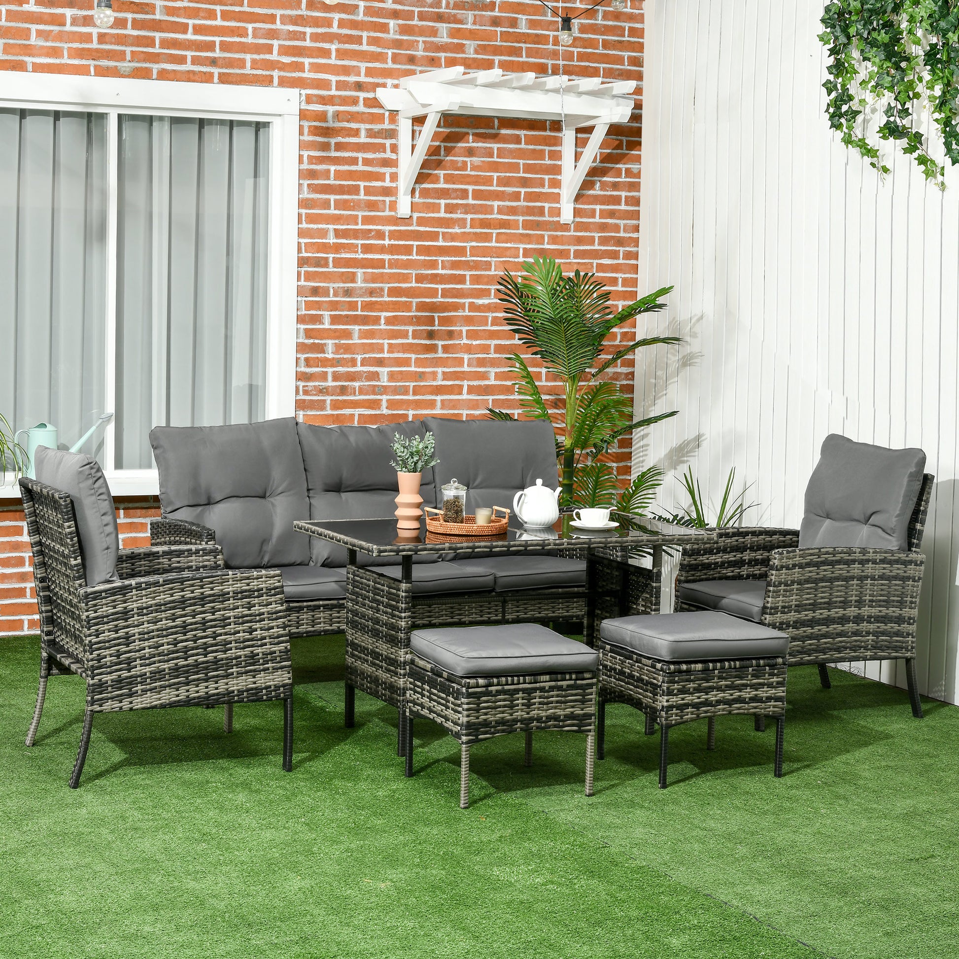 Outsunny Conjunto de Muebles de Jardín Exterior de Ratán Juego de 6 Piezas Muebles de Terraza con Sofá de 3 Plazas Sillones Cojines Taburetes y Mesa de Centro para Patio Gris