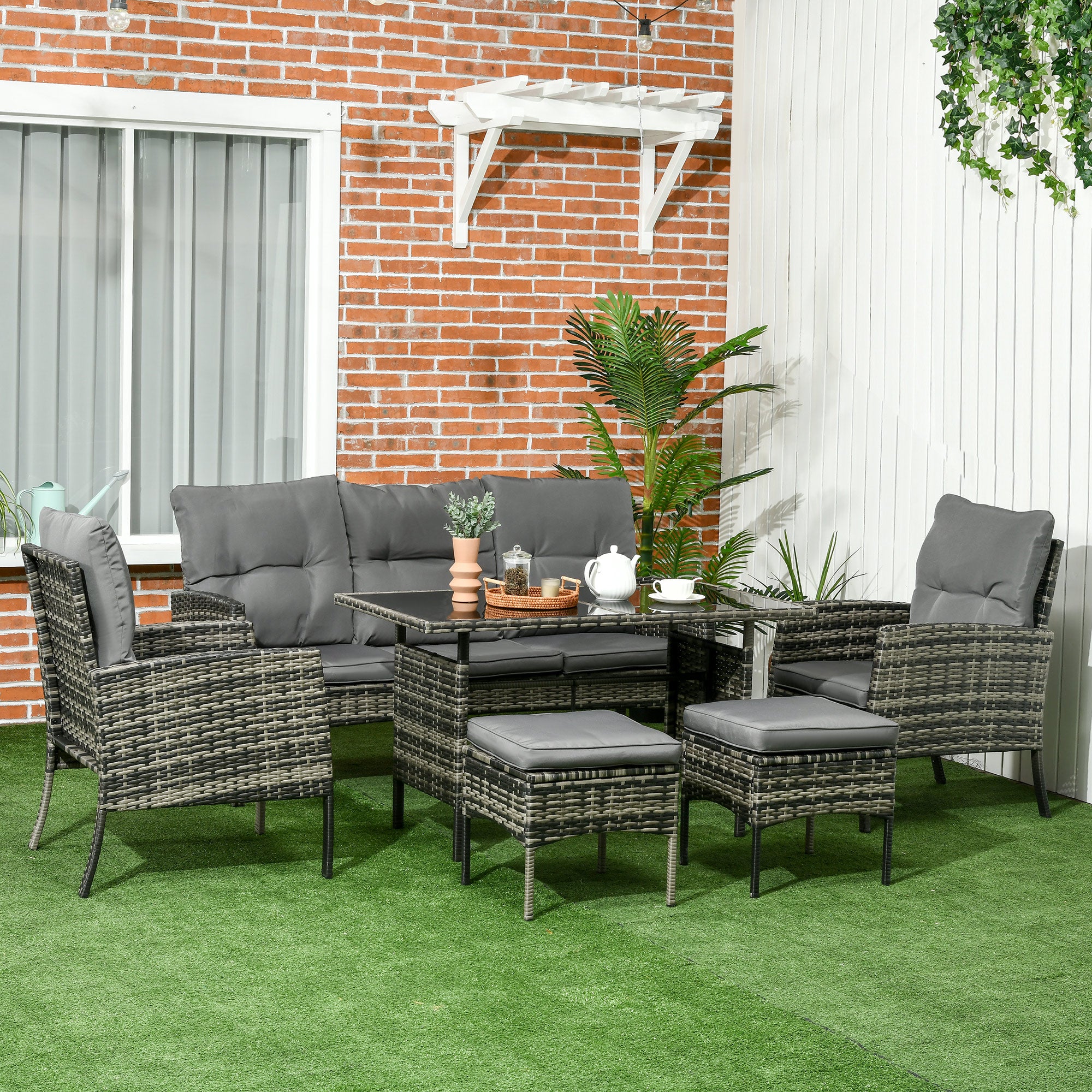 Outsunny Conjunto de Muebles de Jardín Exterior de Ratán Juego de 6 Piezas Muebles de Terraza con Sofá de 3 Plazas Sillones Cojines Taburetes y Mesa de Centro para Patio Gris