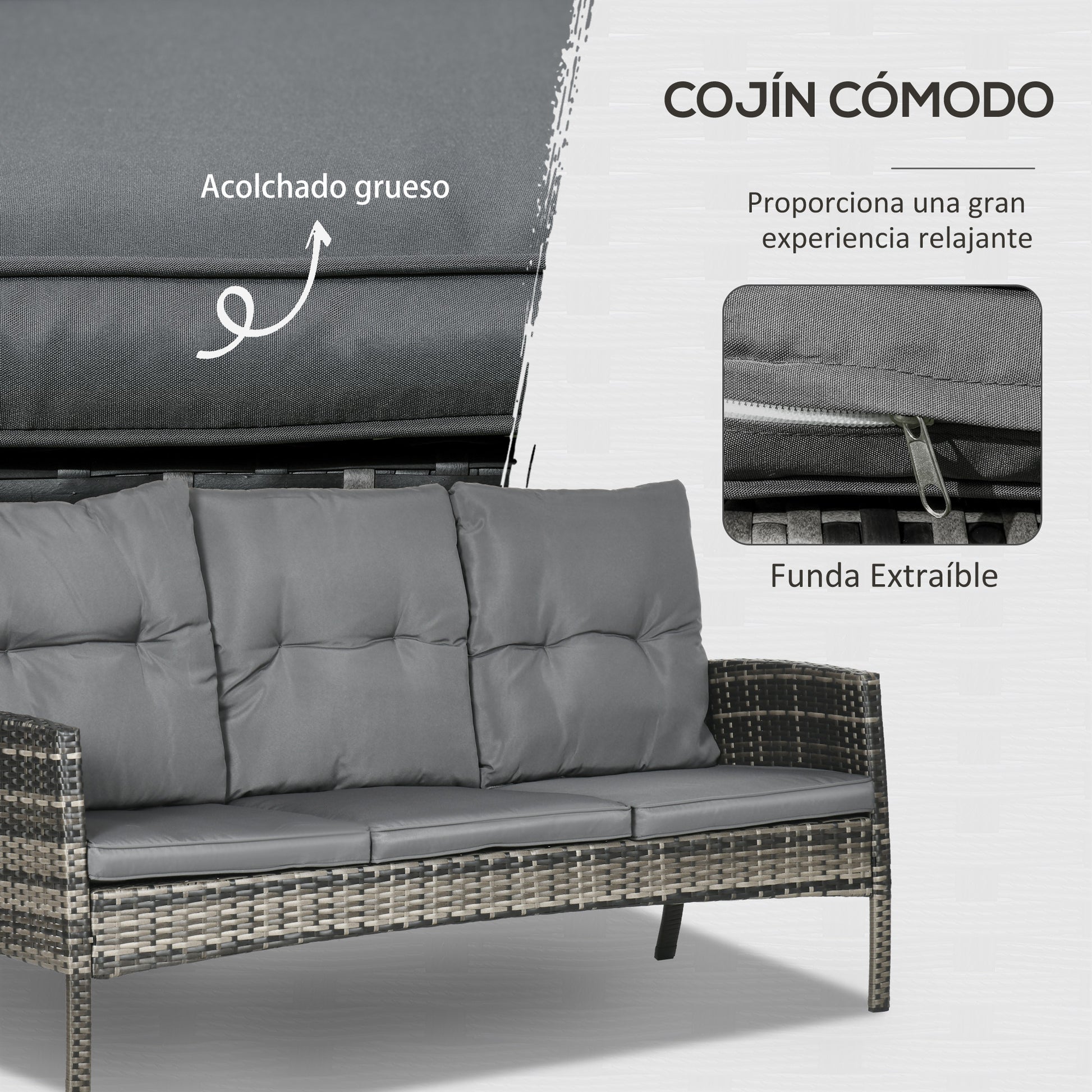 Outsunny Conjunto de Muebles de Jardín Exterior de Ratán Juego de 6 Piezas Muebles de Terraza con Sofá de 3 Plazas Sillones Cojines Taburetes y Mesa de Centro para Patio Gris