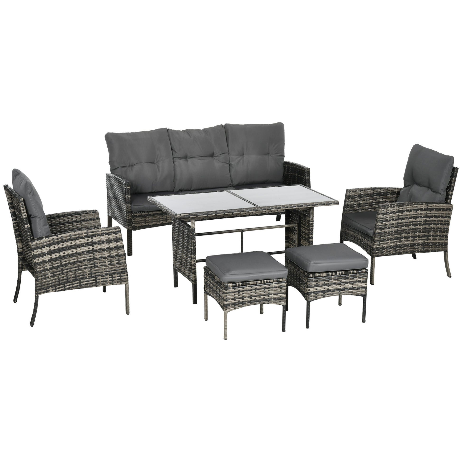 Outsunny Conjunto de Muebles de Jardín Exterior de Ratán Juego de 6 Piezas Muebles de Terraza con Sofá de 3 Plazas Sillones Cojines Taburetes y Mesa de Centro para Patio Gris