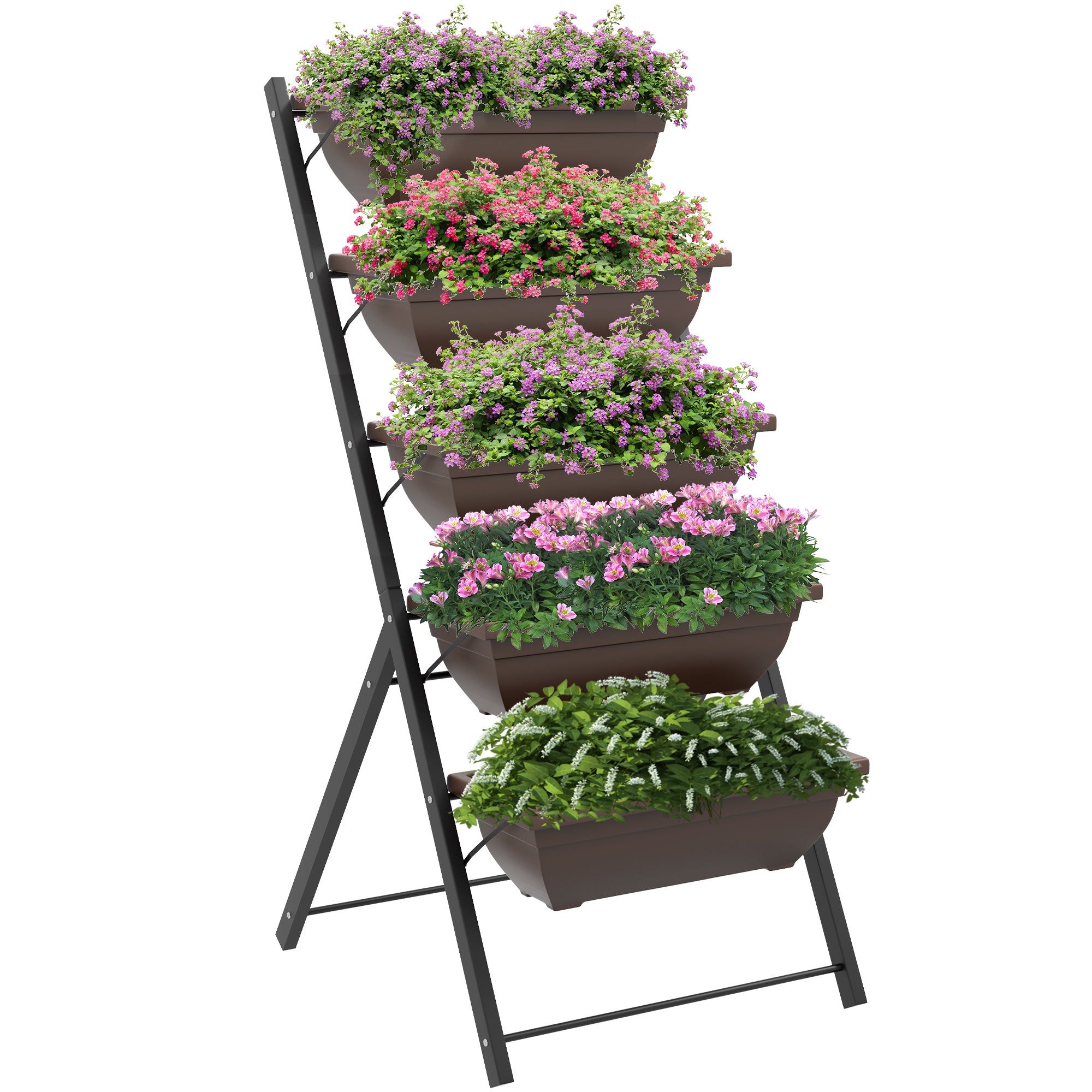 Outsunny Soporte para Plantas de 5 Niveles con 5 Macetas, Estantería para Plantas para Esquina, Orificios de Drenaje, Diseño en Escalera, Soporte para Macetas, Interior y Exterior, 55x63x120 cm, Negro
