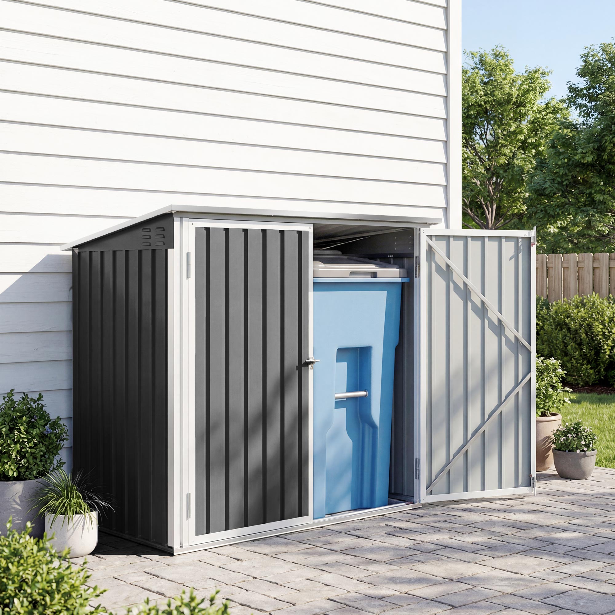 Outsunny Cobertizo para Contenedor de Basura Doble, Caseta para Cubo de Basura de Acero Galvanizado con Tapa Abatible y Puertas Doble, para Jardín, Exterior, 179,5x108x129,5 cm, Gris Oscuro
