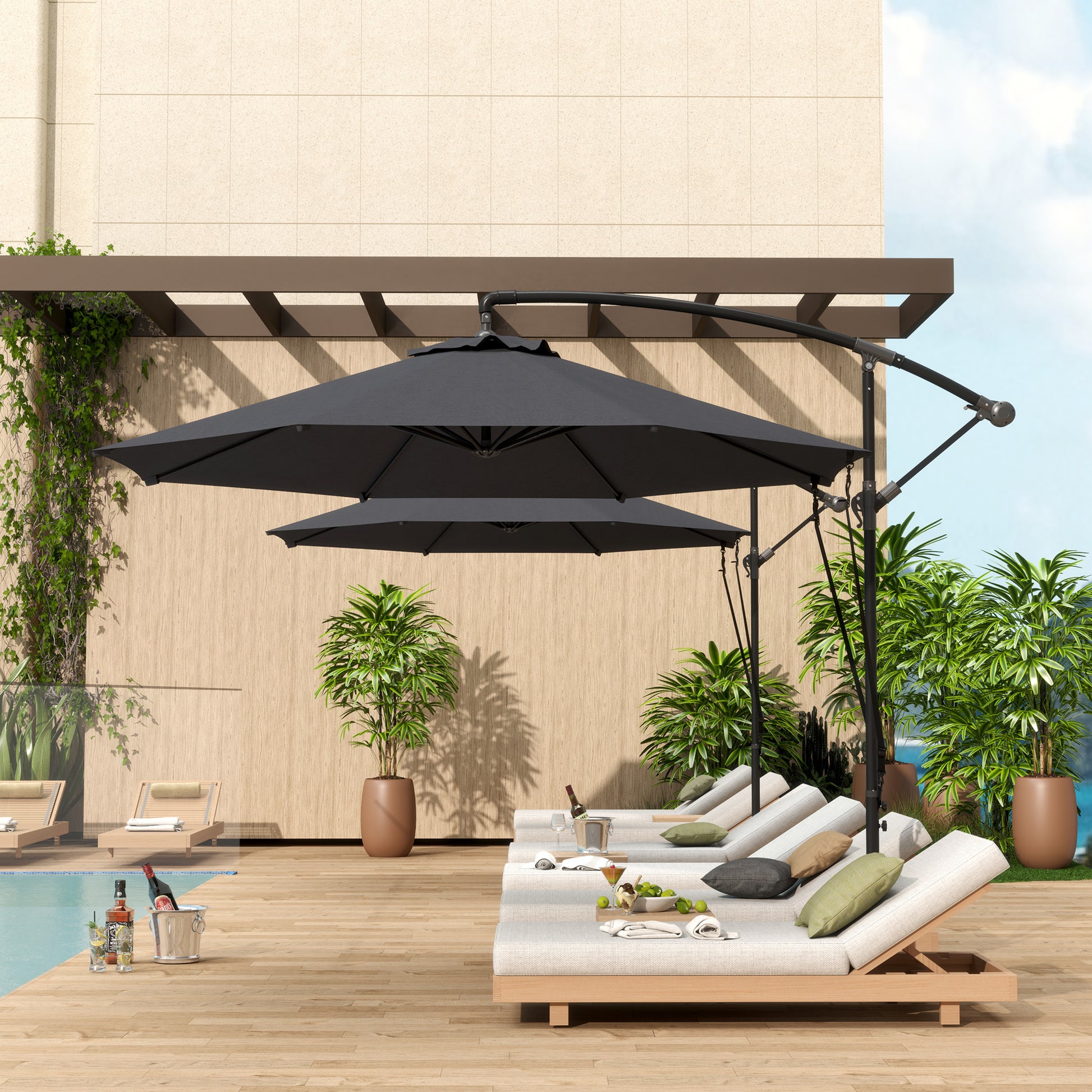 Outsunny Parasol Excéntrico Ø 290 cm Sombrilla de Jardín con Base Cruzada Manivela Funda para Sombrilla y Cuerda de Viento Anti-UV 50+ Sombrilla para Terraza Patio Gris Oscuro