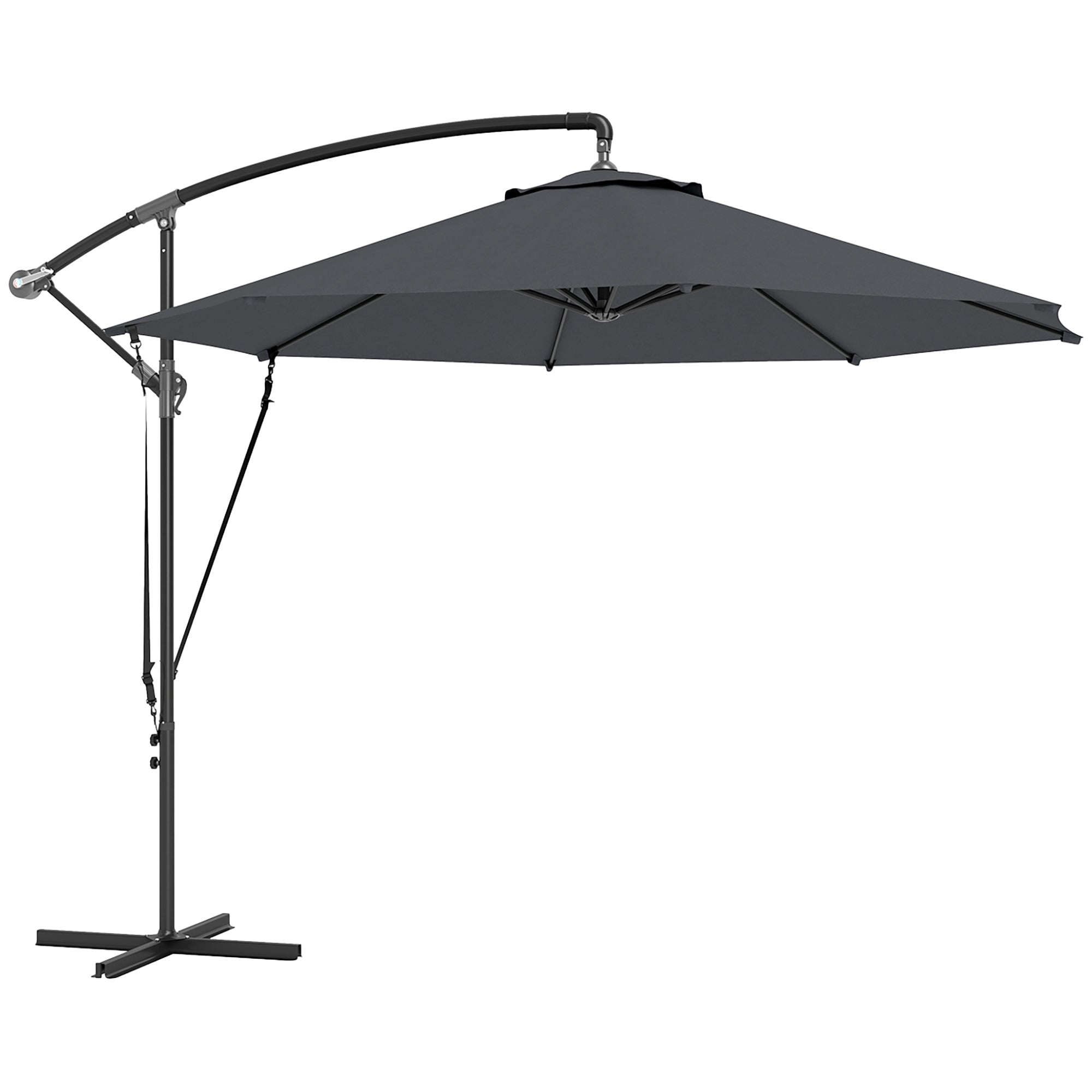 Outsunny Parasol Excéntrico Ø 290 cm Sombrilla de Jardín con Base Cruzada Manivela Funda para Sombrilla y Cuerda de Viento Anti-UV 50+ Sombrilla para Terraza Patio Gris Oscuro