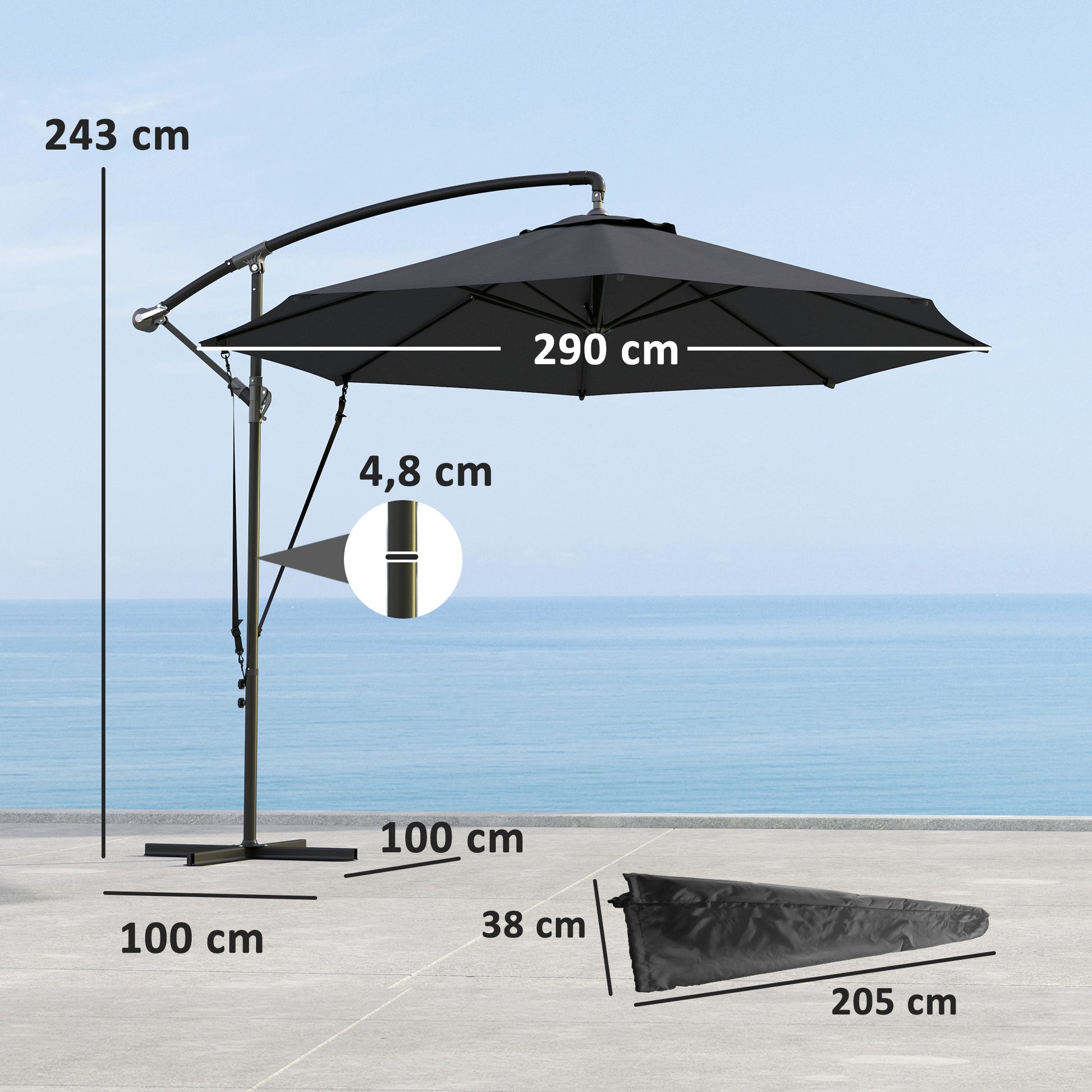 Outsunny Parasol Excéntrico Ø 290 cm Sombrilla de Jardín con Base Cruzada Manivela Funda para Sombrilla y Cuerda de Viento Anti-UV 50+ Sombrilla para Terraza Patio Gris Oscuro