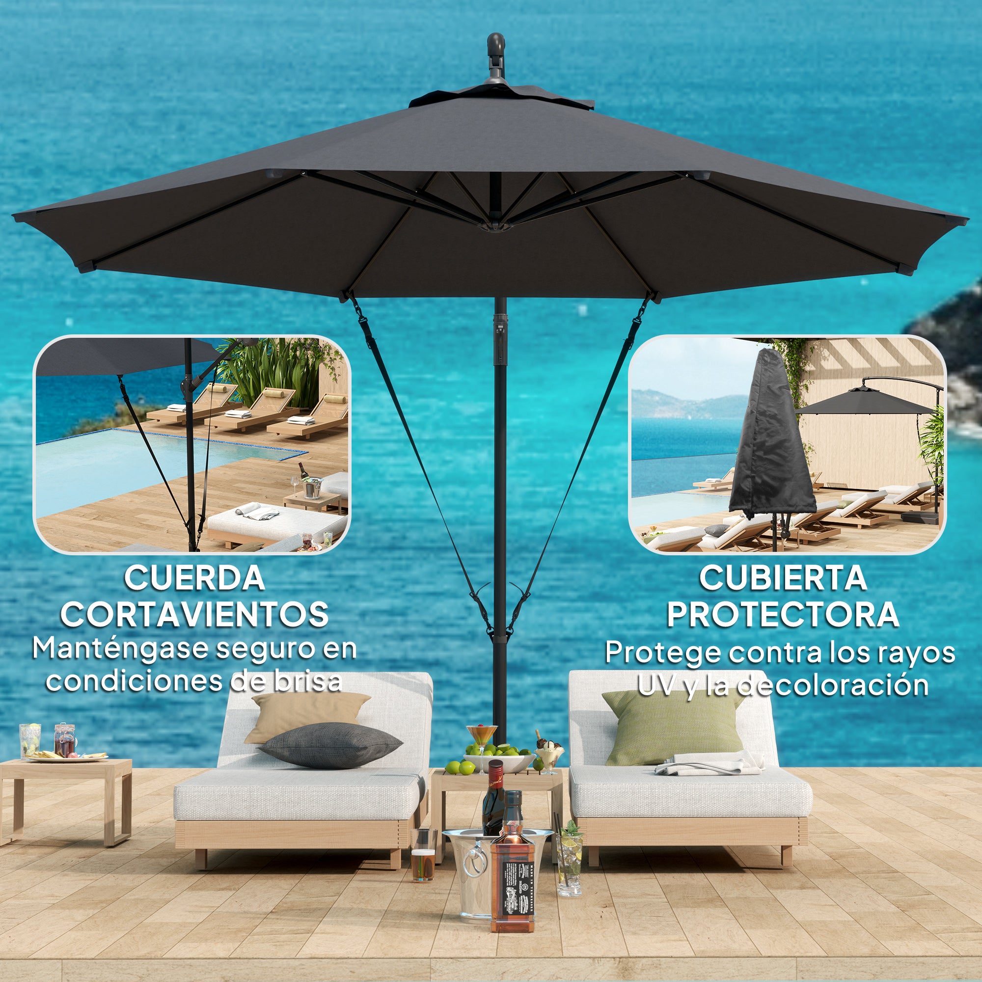 Outsunny Parasol Excéntrico Ø 290 cm Sombrilla de Jardín con Base Cruzada Manivela Funda para Sombrilla y Cuerda de Viento Anti-UV 50+ Sombrilla para Terraza Patio Gris Oscuro