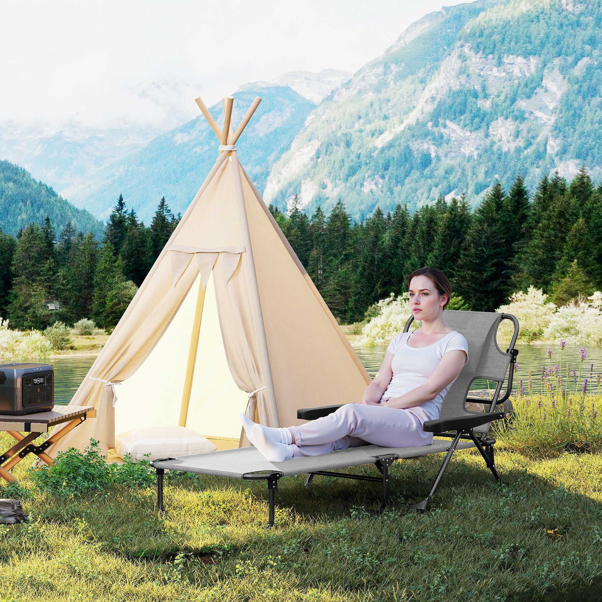 Outsunny Tumbona Plegable, Tumbona Jardín Exterior con Respaldo Ajustable en 4 Posiciones, Orificio de Lectura, Reposacabezas y Brazos, Carga 120 kg, para Terraza, Piscina, 145x72x89 cm, Gris Oscuro