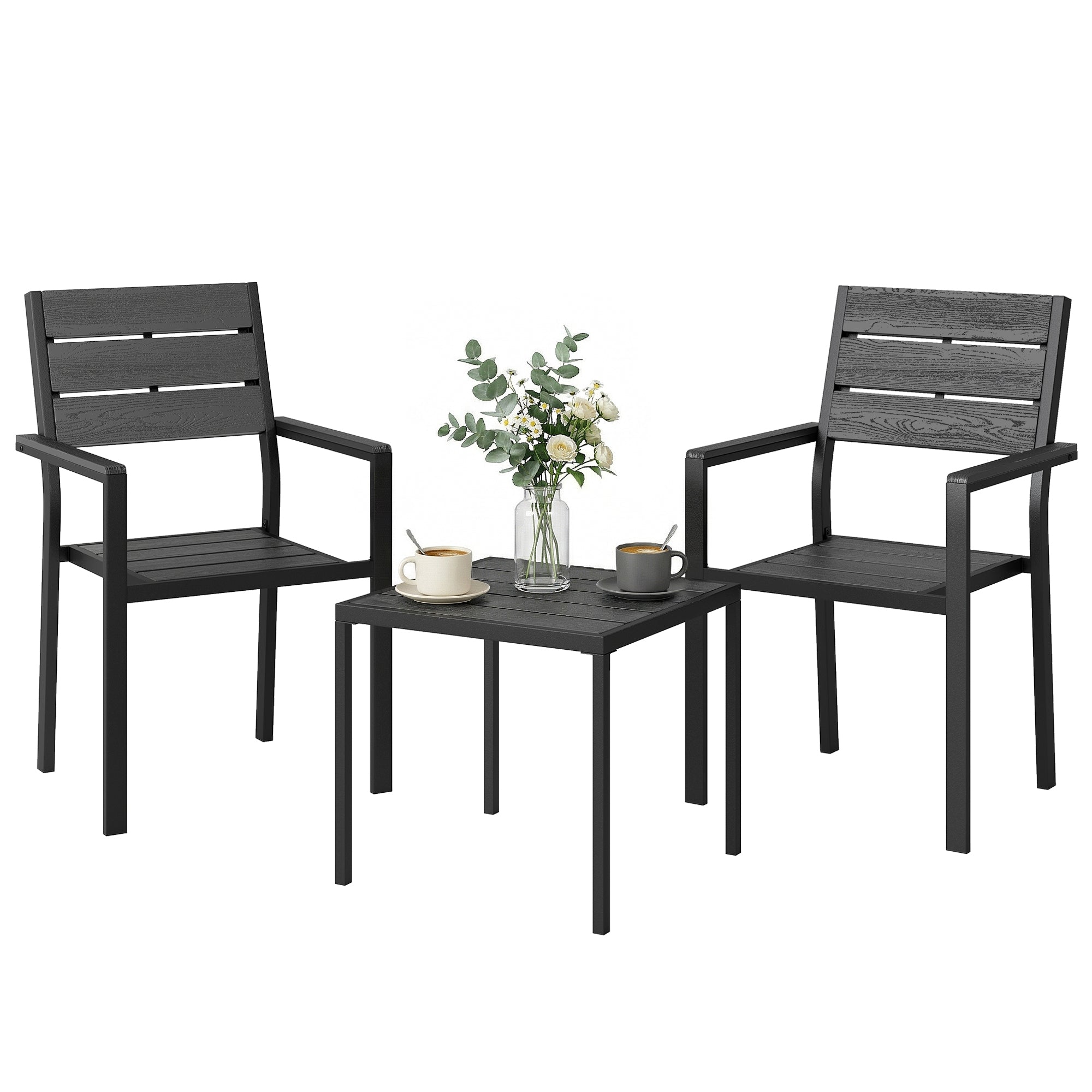 Outsunny Conjunto de Mesa y Sillas de Terraza Exterior de 3 Piezas Muebles de Jardín Exterior con 2 Sillas y Mesa de HDPE Diseño Listones Efecto Madera Marco Metal Resistente para Patio Balcón Negro