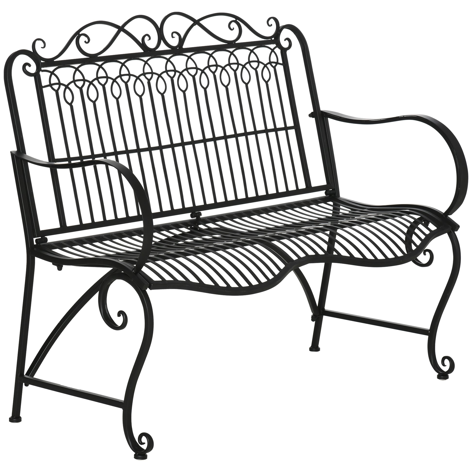 Outsunny Banco de Jardín de 2 Plazas 110x60x97 cm Banco de Exterior de Metal con Respaldo Decorativo y Reposabrazos para Terraza Balcón Patio Carga 200 kg Negro