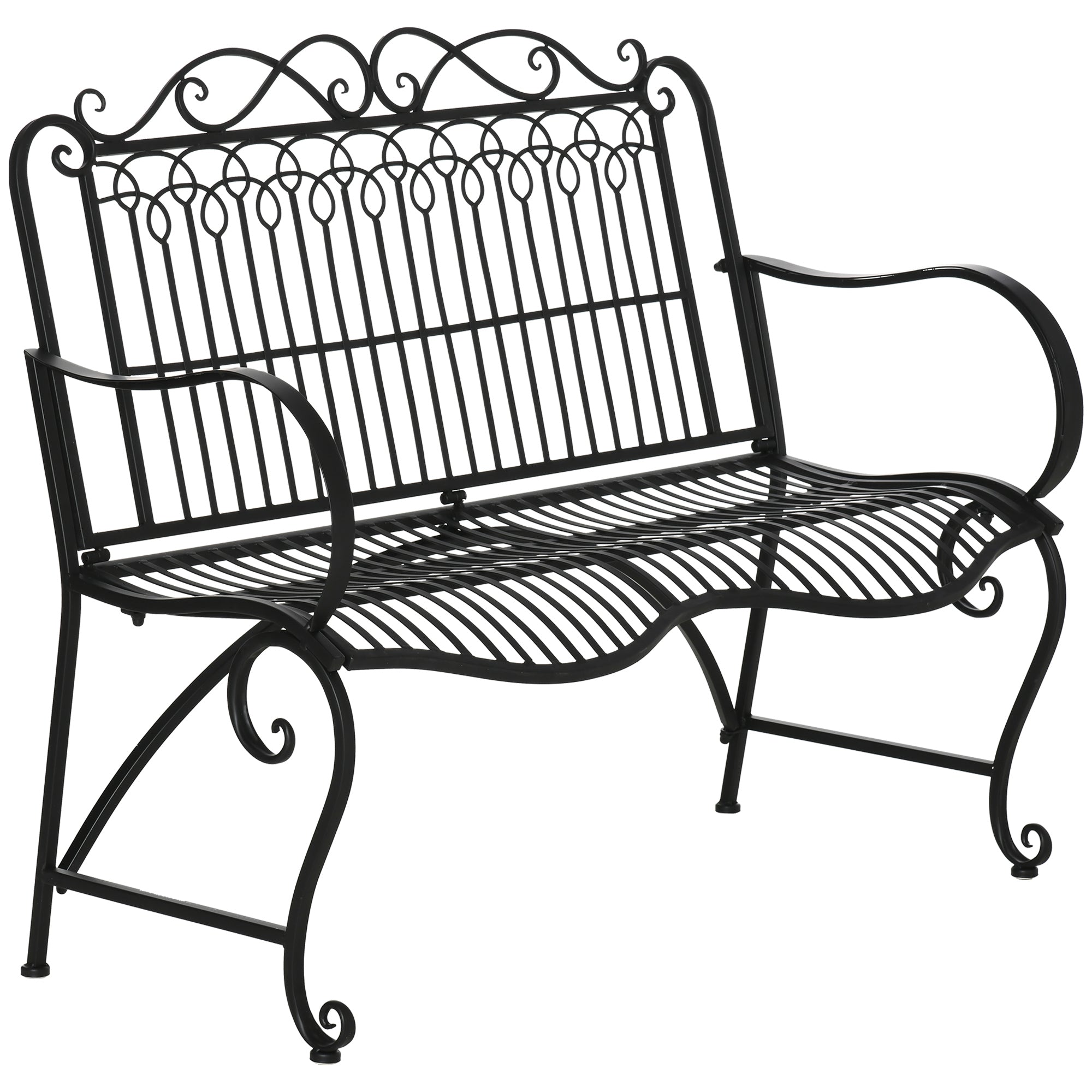 Outsunny Banco de Jardín de 2 Plazas 110x60x97 cm Banco de Exterior de Metal con Respaldo Decorativo y Reposabrazos para Terraza Balcón Patio Carga 200 kg Negro