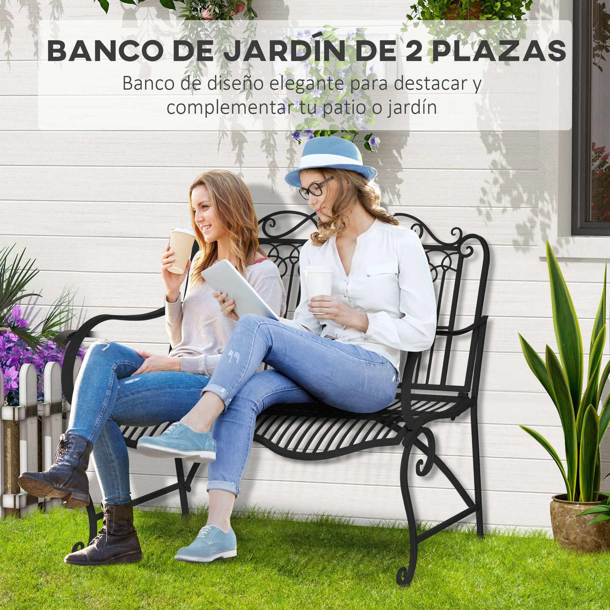 Outsunny Banco de Jardín de 2 Plazas 110x60x97 cm Banco de Exterior de Metal con Respaldo Decorativo y Reposabrazos para Terraza Balcón Patio Carga 200 kg Negro