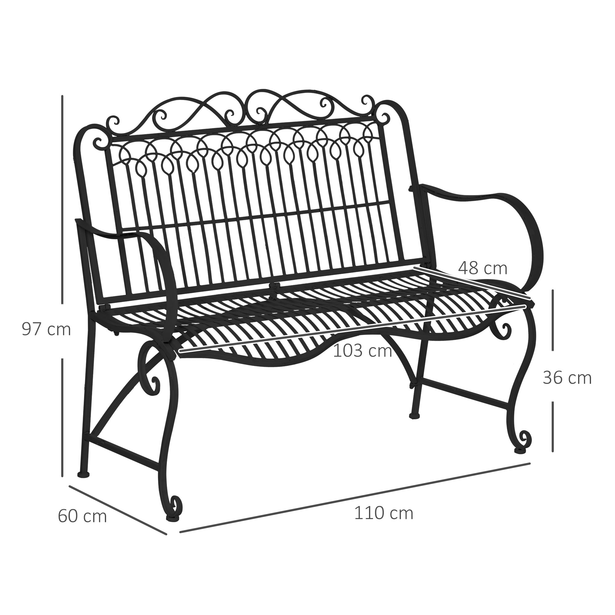 Outsunny Banco de Jardín de 2 Plazas 110x60x97 cm Banco de Exterior de Metal con Respaldo Decorativo y Reposabrazos para Terraza Balcón Patio Carga 200 kg Negro