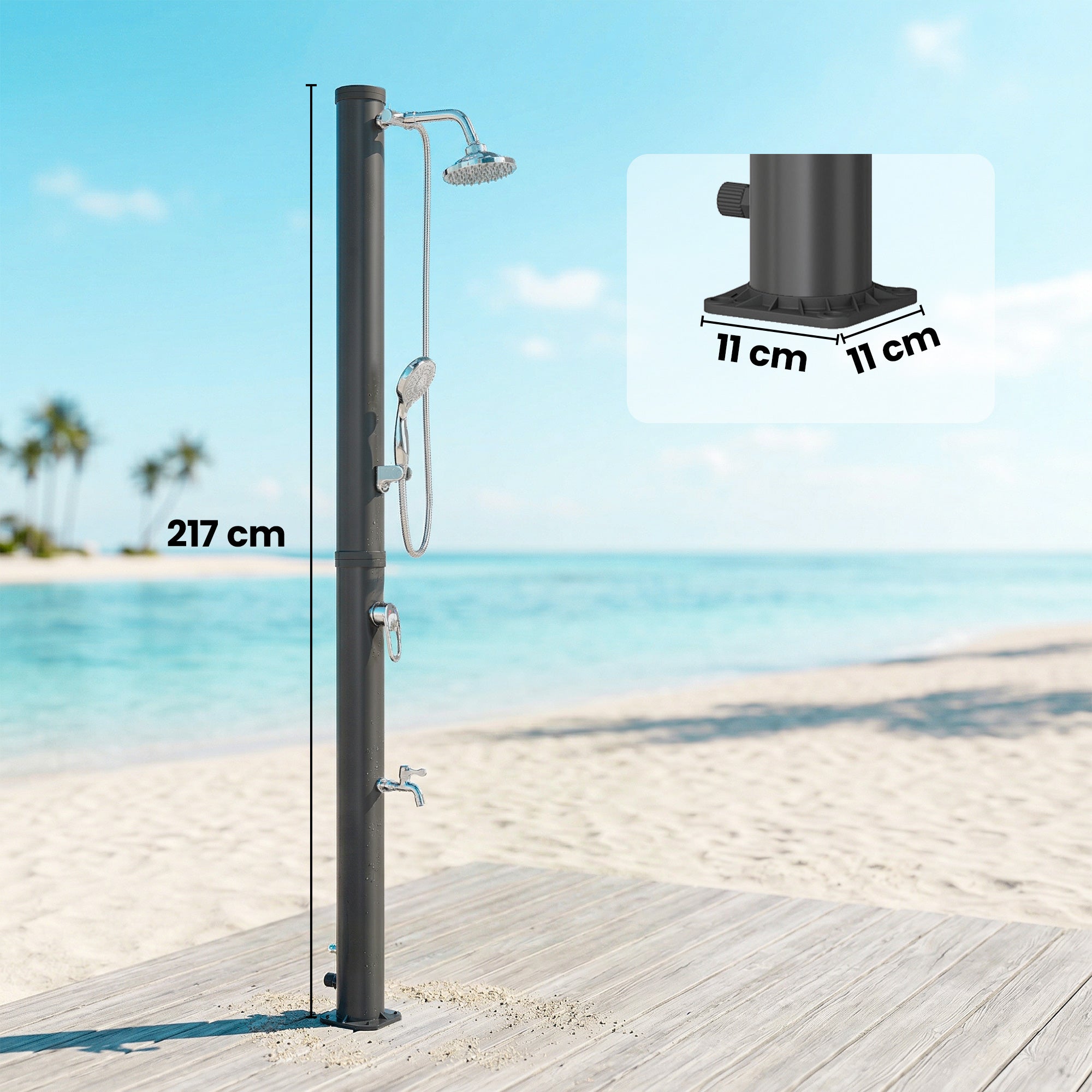 Outsunny Ducha Solar de Jardín 20L Ducha Solar Exterior con Cabezal Rociador de Mano Grifo Pies Agua Fría y Caliente Máx. 60 °C Protección contra Congelamiento para Piscina Camping 42x11x215 cm Negro