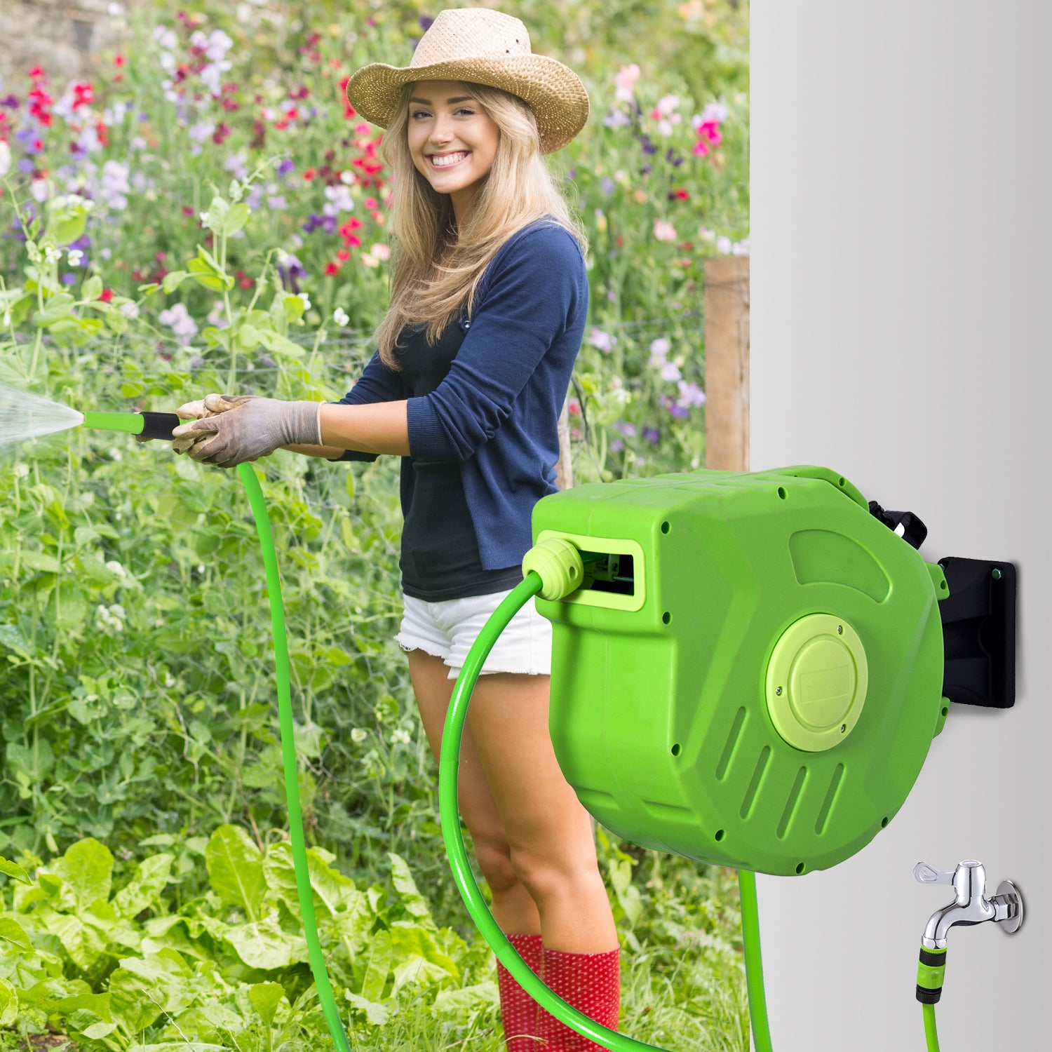 Outsunny Carrete para Manguera 15M+1,5M Soporte Mural Portamanguera Roll-up Automático Giratorio 180° con Pistola de Pulverización Base de Pared Conector de Manguera para Jardín Terraza