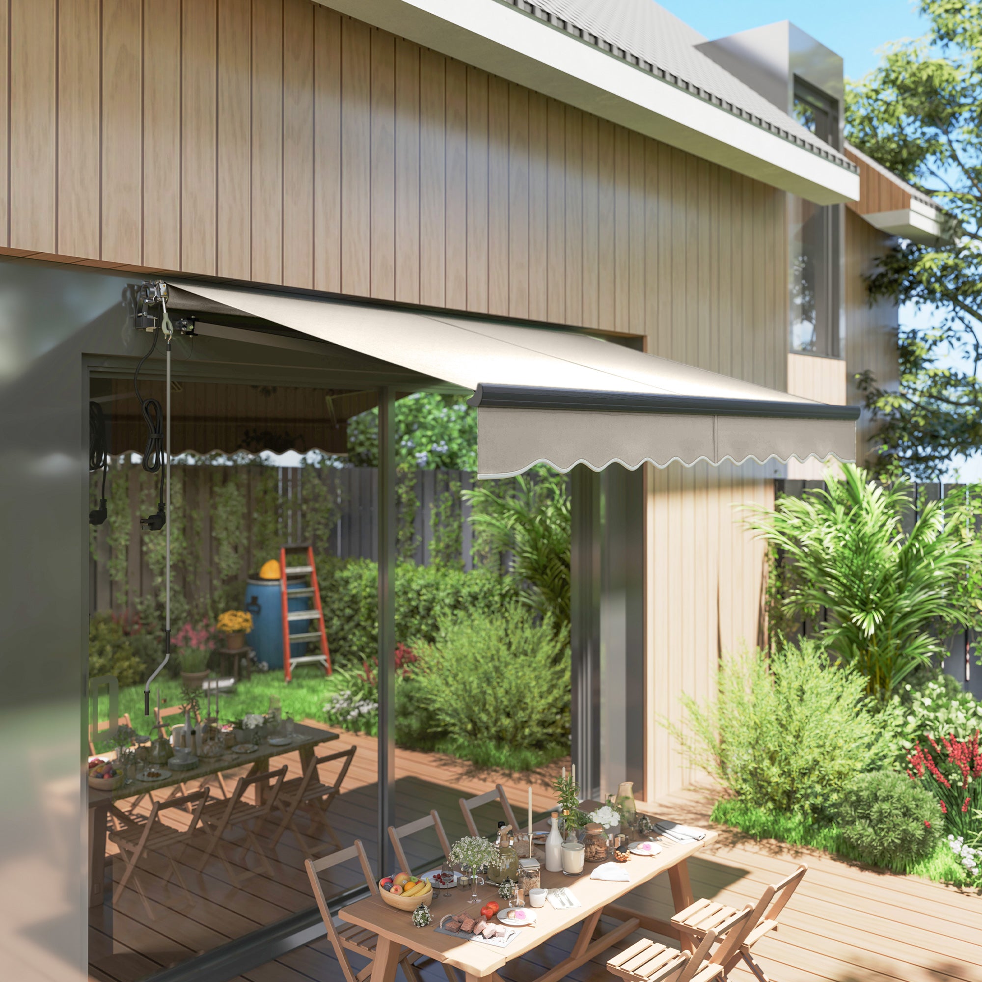 Outsunny Toldo Eléctrico Retráctil y Manual con Mando a Distancia 3x2,5 m Toldo de Exterior Terraza Enrollable con Manivela Marco de Aluminio y Protección UV30+ para Jardín Puerta Ventana Crema