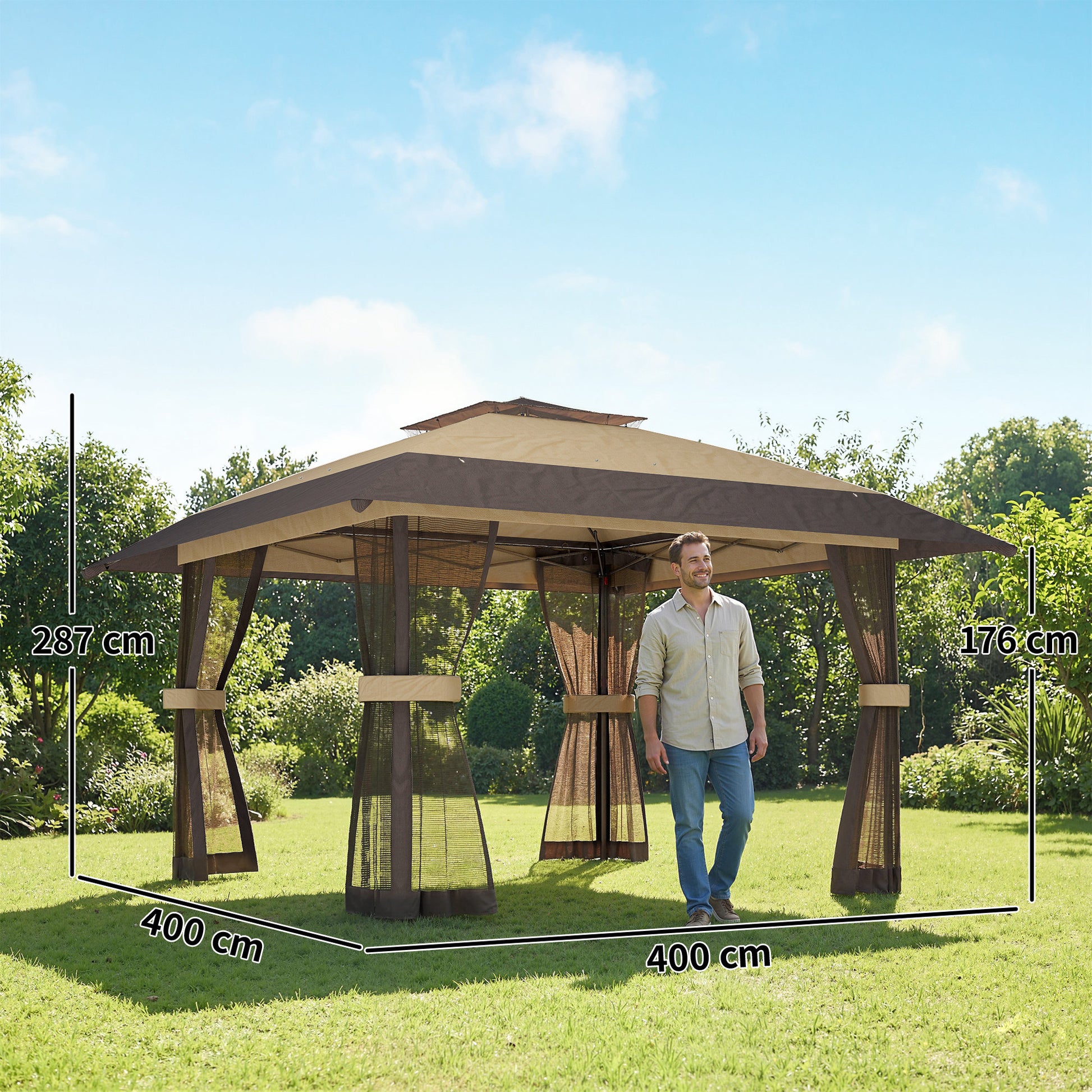 Outsunny Carpa Plegable 4x4 m, Pop-up, con Doble Techo, 4 Paredes Laterales de Malla, Cenador de Jardín con Altura Ajustable 3 Niveles, Bolsa de Transporte, UPF30+, Gazebo para Camping, Fiestas, Caqui