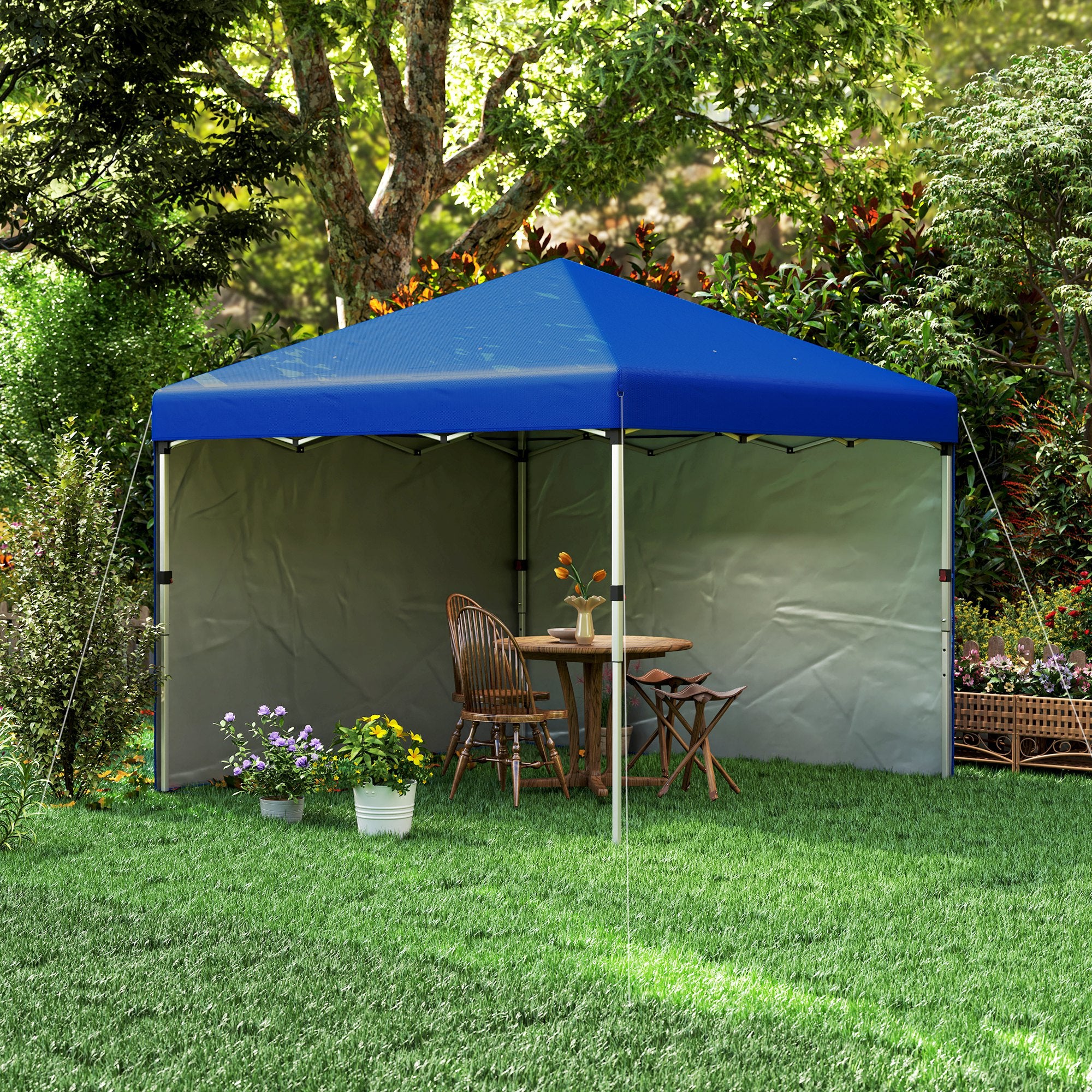 Outsunny Carpa Plegable Pop-up Gazebo 3x3 m Cenador Plegable con 2 Paredes Laterales Anti-UV Altura Ajustable en 3 Niveles Sacos de Arena y Bolsa de Transporte con Ruedas para Camping Fiestas Azul