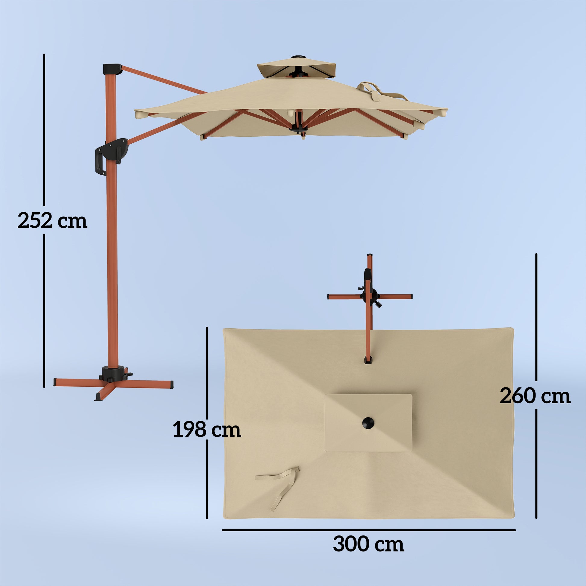 Outsunny Sombrilla de Jardín 300x198x252 cm Parasol Excéntrico de Aluminio con Manivela Inclinación Ajustable Doble Techo y Base Cruzada Giratoria 360° Sombrilla para Terraza Exterior Patio Caqui