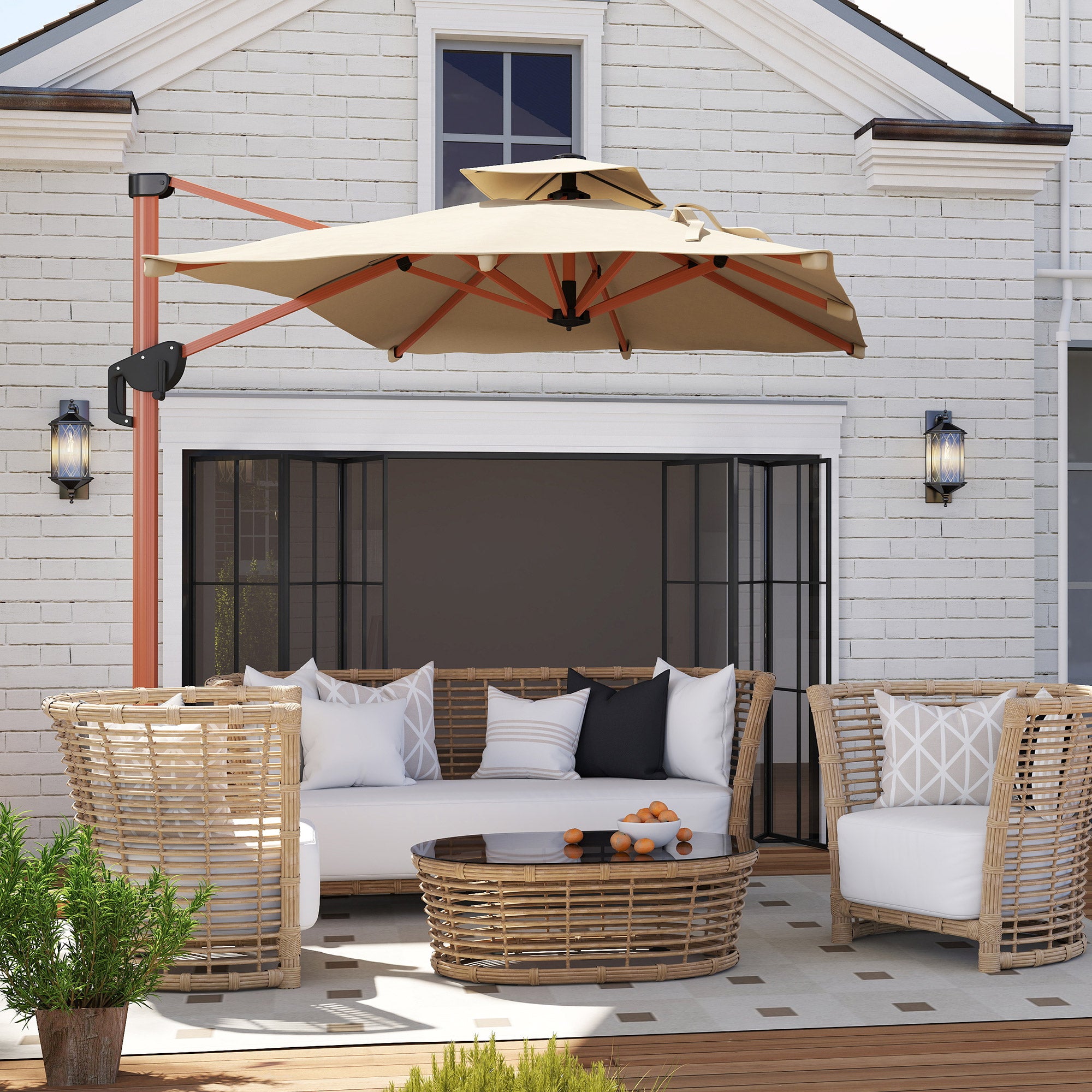 Outsunny Sombrilla de Jardín 300x198x252 cm Parasol Excéntrico de Aluminio con Manivela Inclinación Ajustable Doble Techo y Base Cruzada Giratoria 360° Sombrilla para Terraza Exterior Patio Caqui