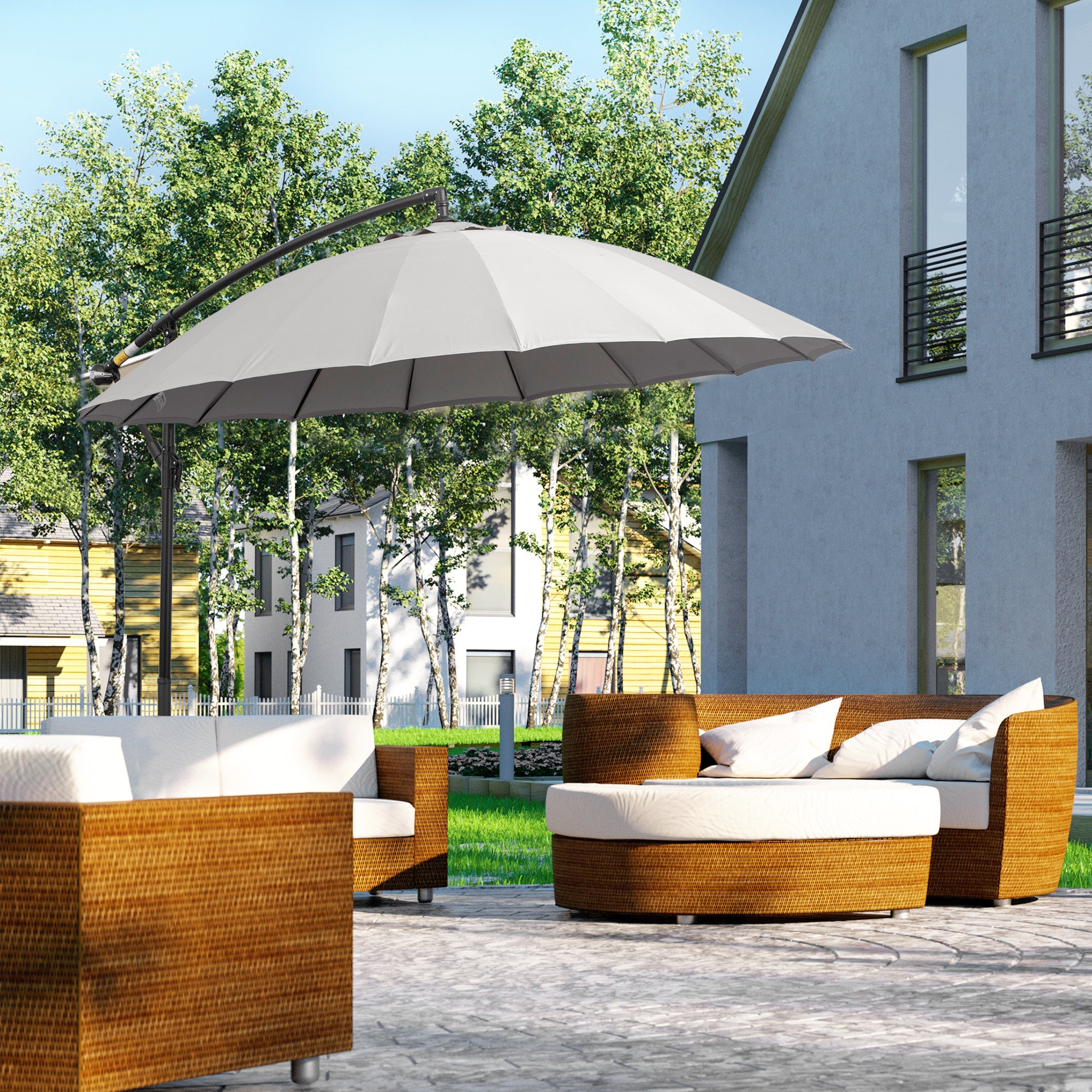 Outsunny Sombrilla Ø300 cm Parasol de Jardín con Manivela Manual 18 Costillas y Base Cruzada Gris