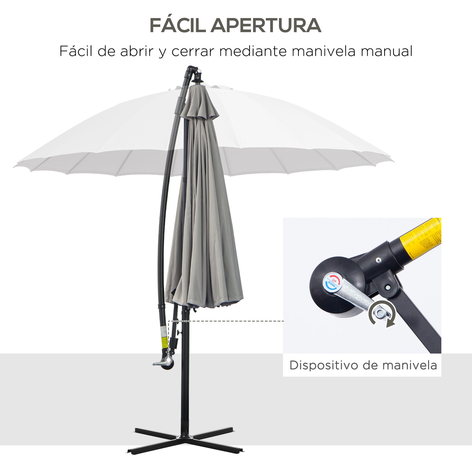 Outsunny Sombrilla Ø300 cm Parasol de Jardín con Manivela Manual 18 Costillas y Base Cruzada Gris