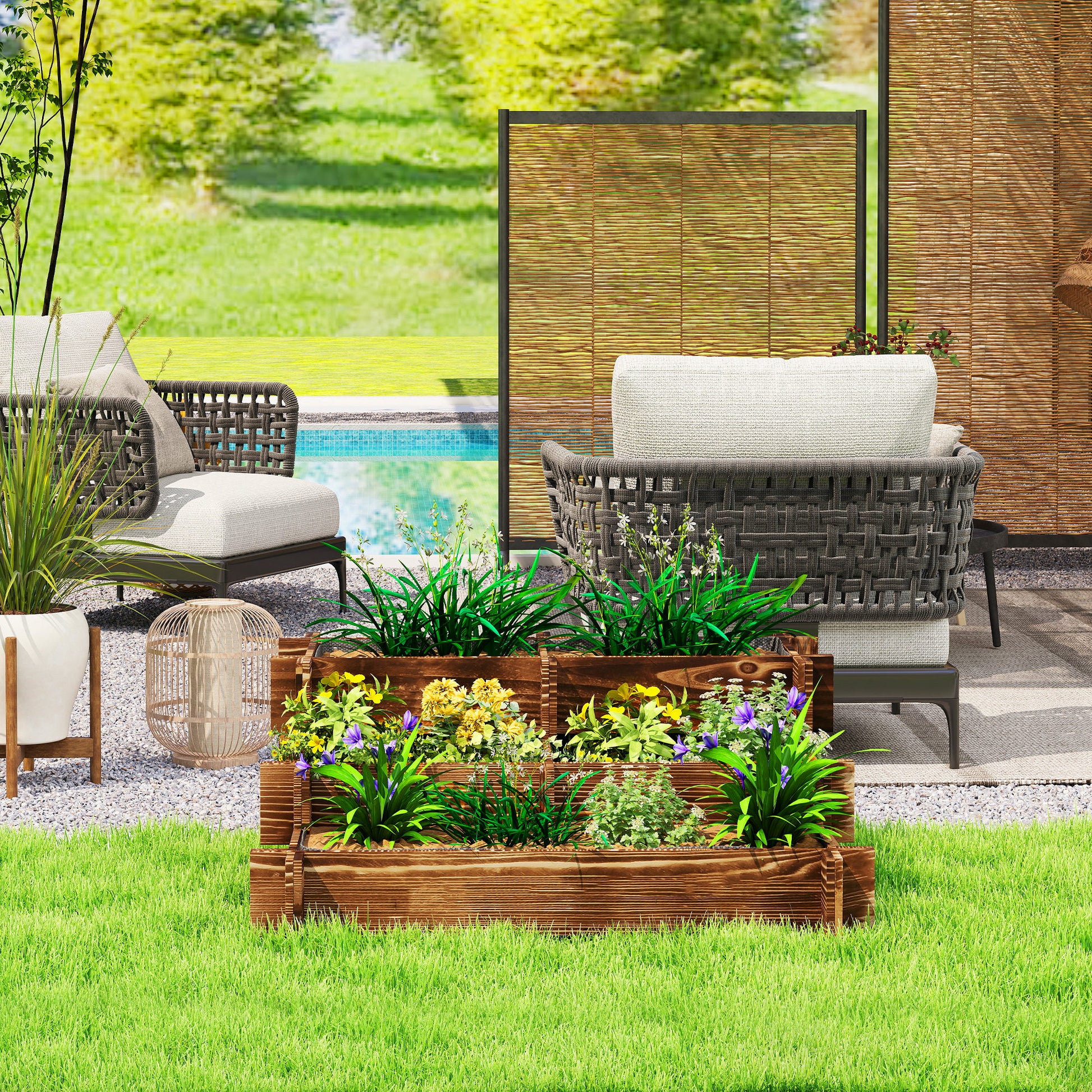 Outsunny Jardinera de Madera Arriate de Jardín de 3 Niveles con Diseño de Escalera y Tela no Tejida Huerto Urbano para Cultivos Plantas Flores para Terraza Jardín 93x93x35 cm Carbonizado