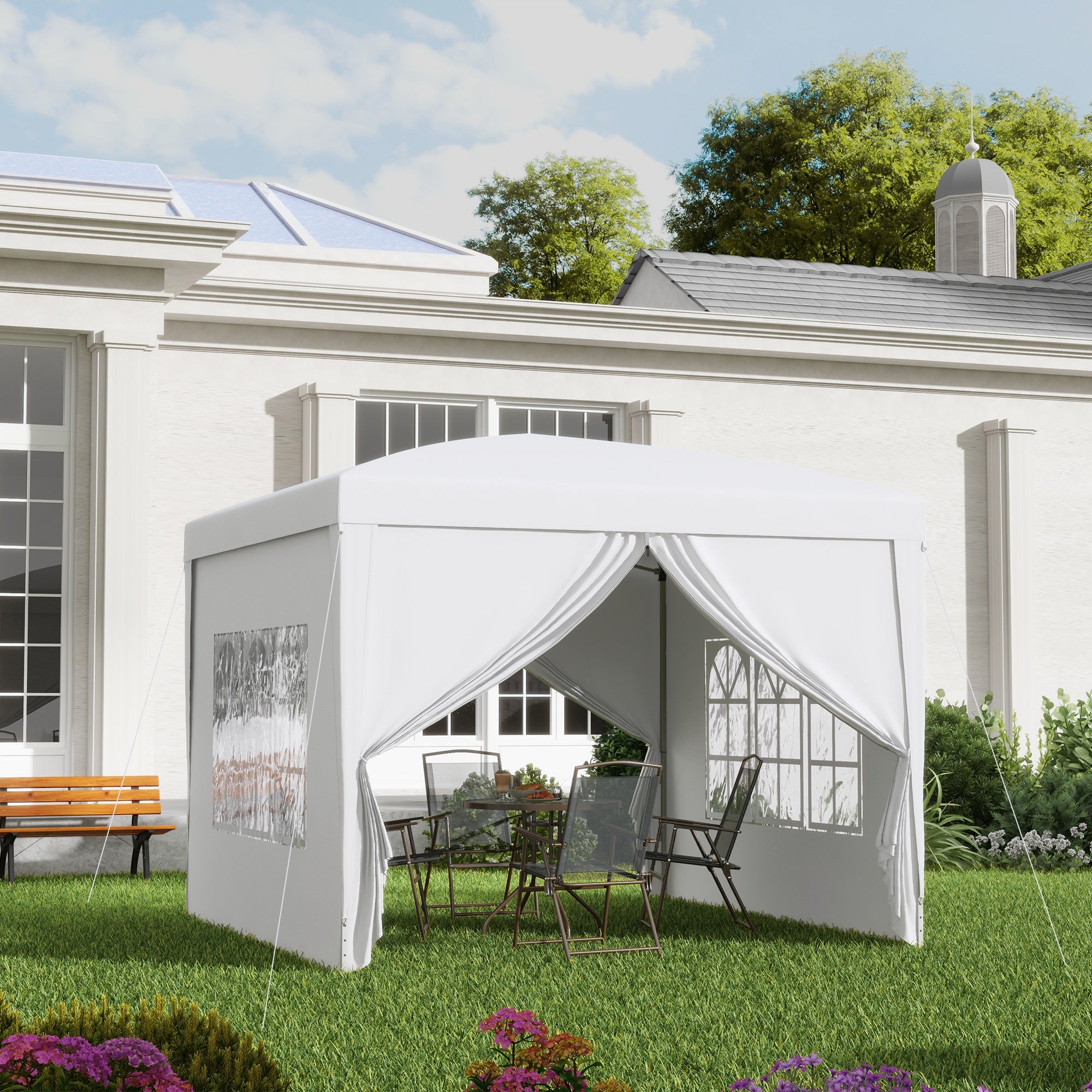 Outsunny Carpa Gazebo con Paredes Desmontables Ventanas Visibles Puerta con Cremallera Incluye Bolsa de Transporte Cuerdas y Piquetas 3x3 m Blanco