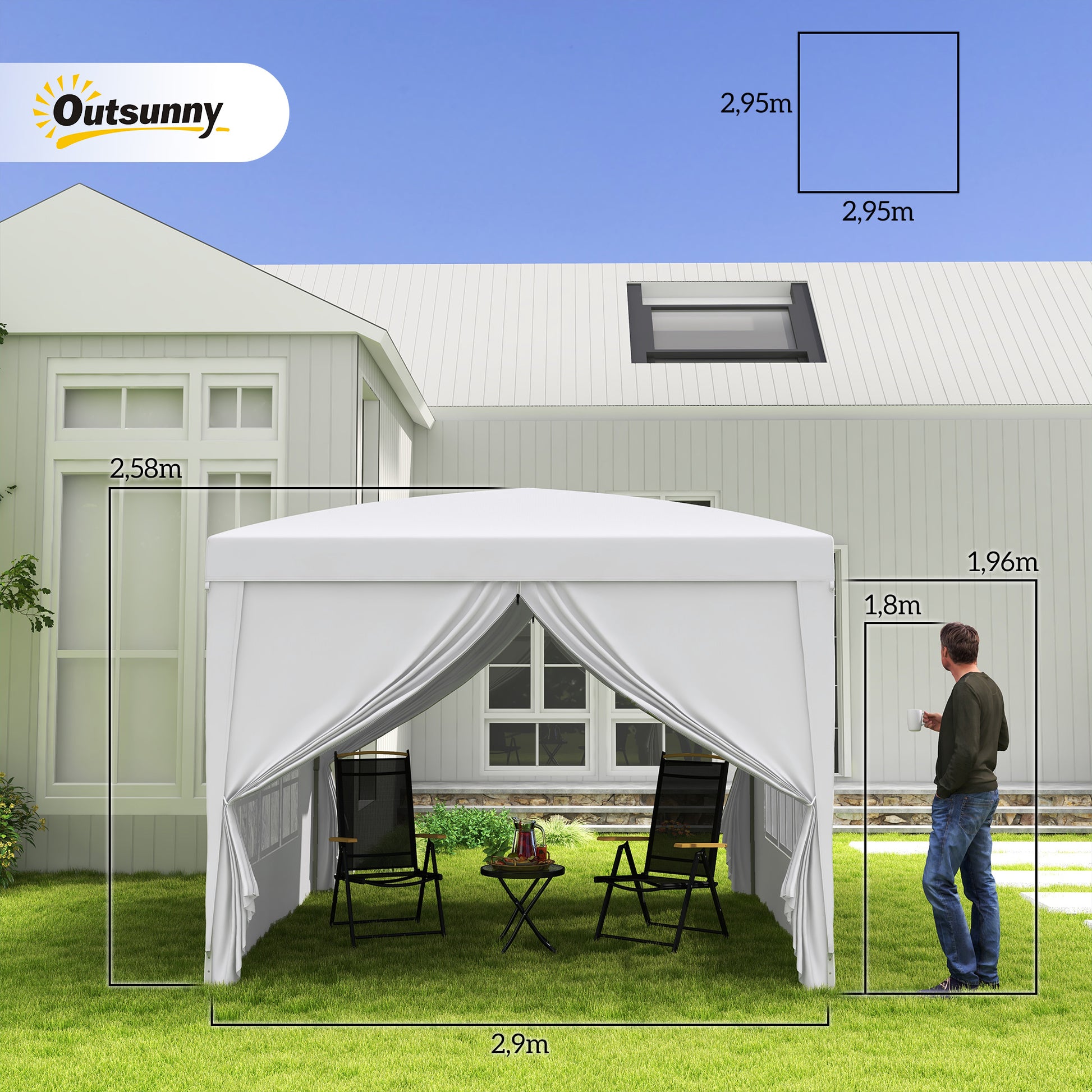 Outsunny Carpa Gazebo con Paredes Desmontables Ventanas Visibles Puerta con Cremallera Incluye Bolsa de Transporte Cuerdas y Piquetas 3x3 m Blanco