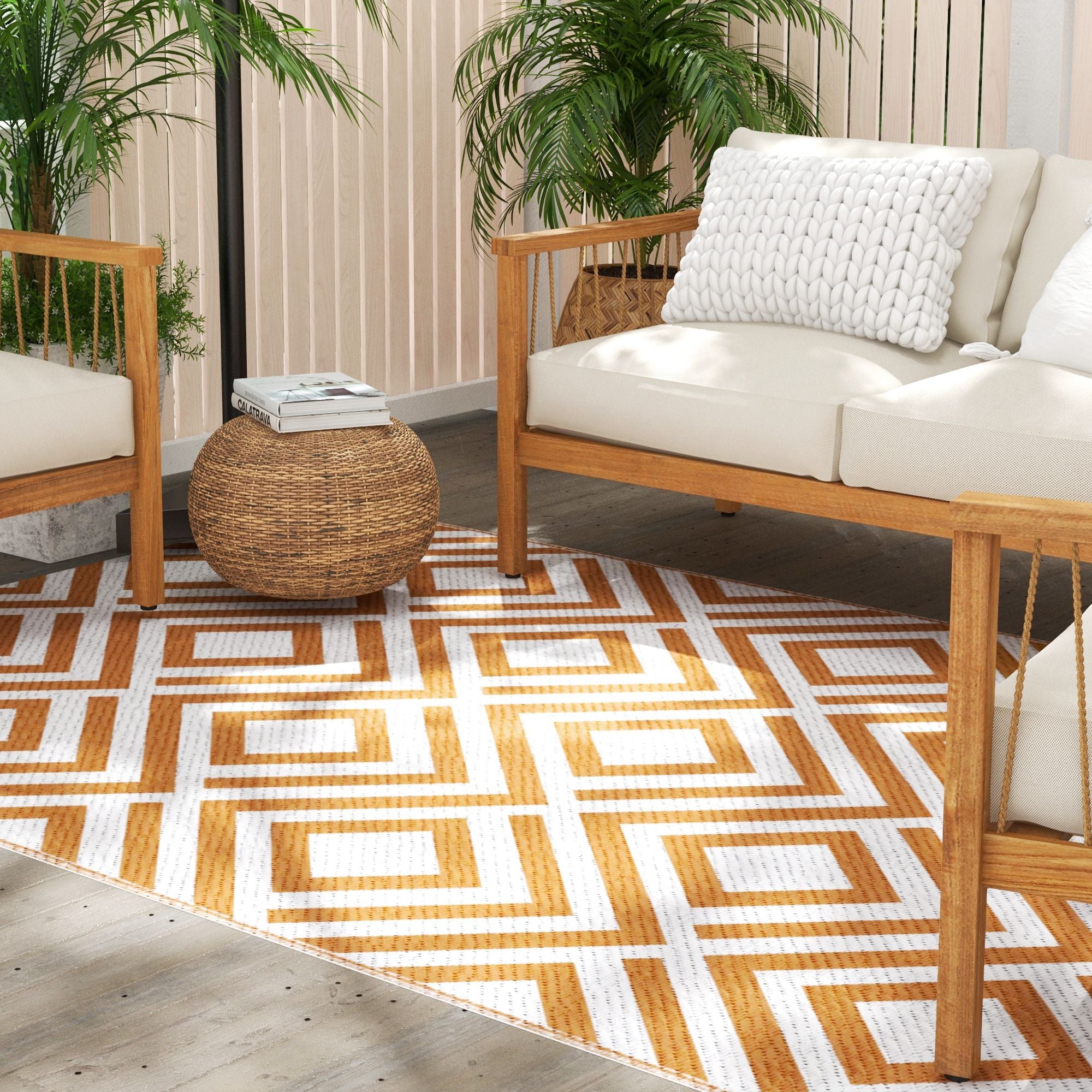 Outsunny Alfombra de Exterior 182x274 cm Alfombra Reversible con Patrón Geométrico de Rombos Impermeable para Terraza Balcón Patio Camping Playa Marrón y Blanco