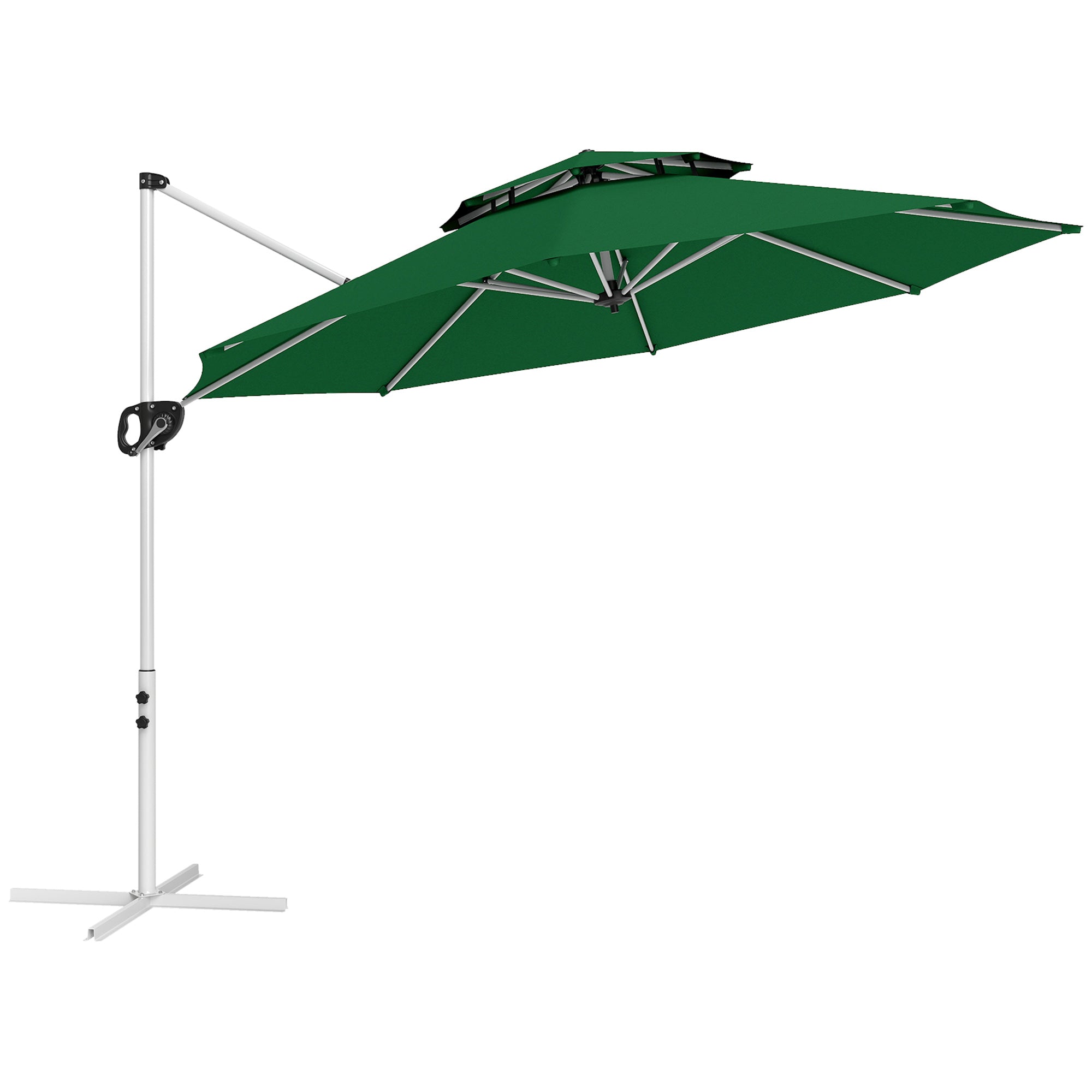 Outsunny Sombrilla de Jardín Ø292 cm Parasol Excéntrico con Manivela Giratorio 360° Inclinación Ajustable Doble Techo y Base Cruzada Sombrilla para Terraza Exterior Patio Verde Oscuro