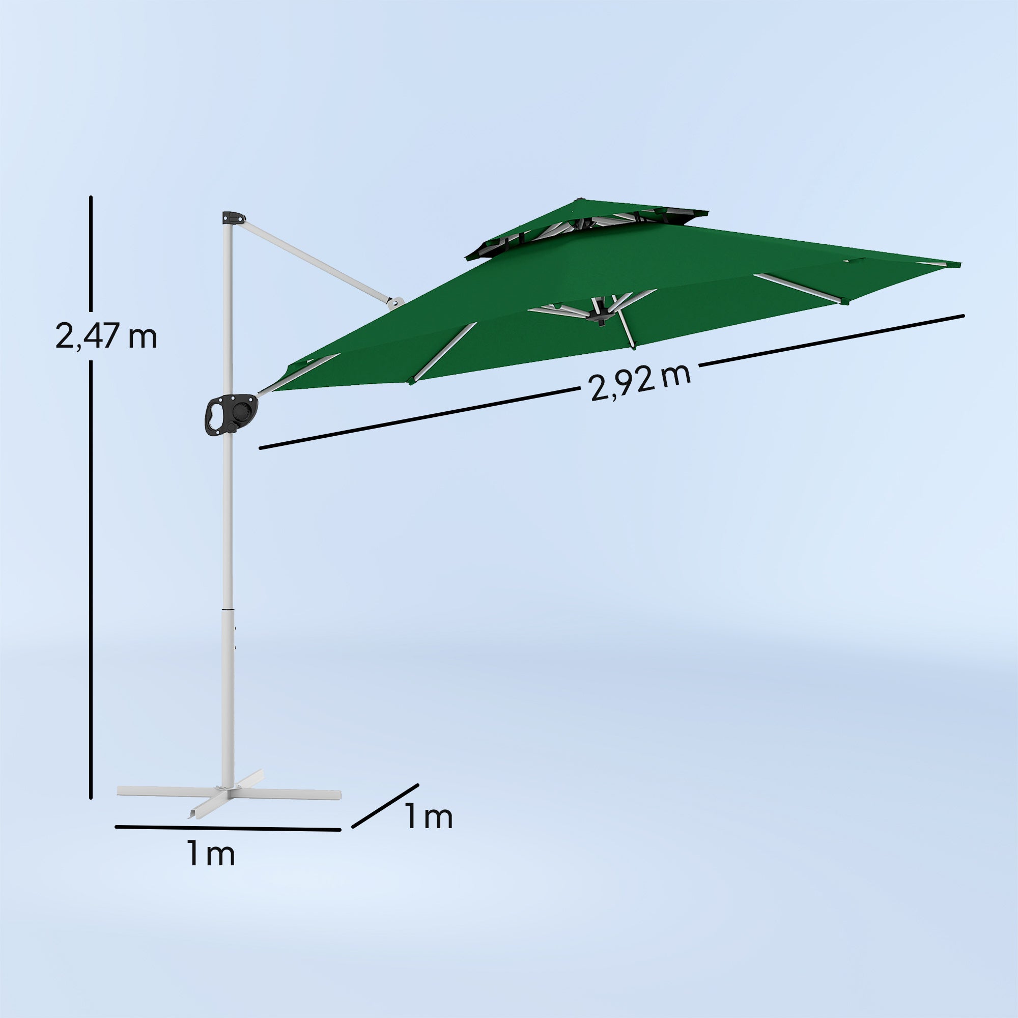Outsunny Sombrilla de Jardín Ø292 cm Parasol Excéntrico con Manivela Giratorio 360° Inclinación Ajustable Doble Techo y Base Cruzada Sombrilla para Terraza Exterior Patio Verde Oscuro