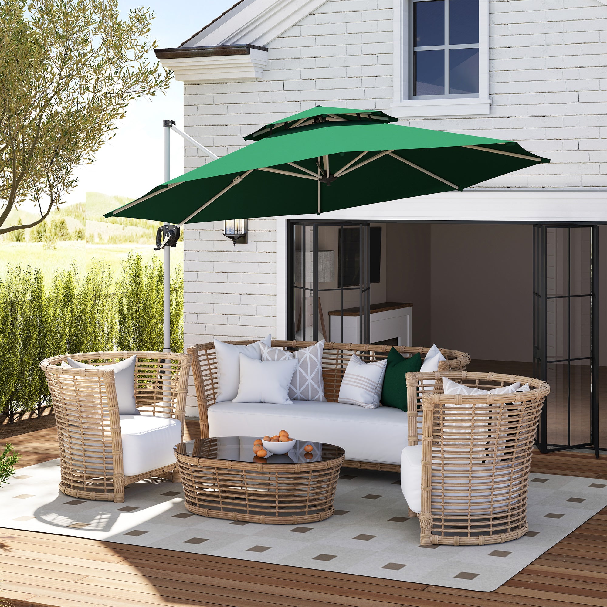 Outsunny Sombrilla de Jardín Ø292 cm Parasol Excéntrico con Manivela Giratorio 360° Inclinación Ajustable Doble Techo y Base Cruzada Sombrilla para Terraza Exterior Patio Verde Oscuro