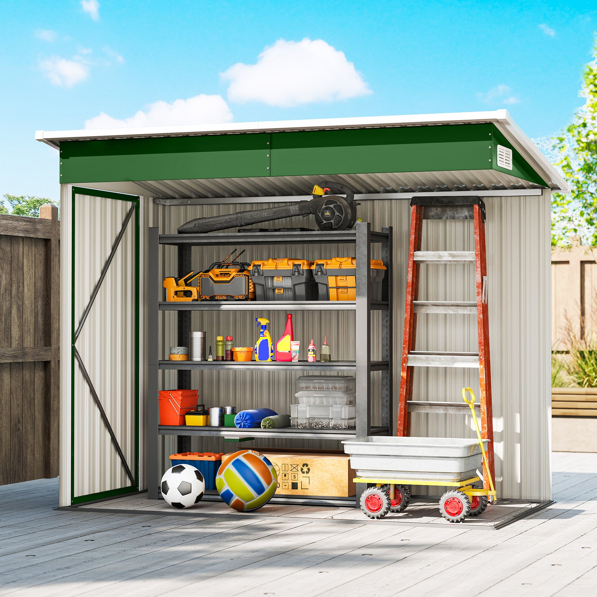 Outsunny Caseta de Jardín Exterior 2,7 m², 234x132x185 cm, Cobertizo de Jardín Exterior Metálico con Triple Puerta, Cerradura, Techo Inclinado y Ventilación para Almacenamiento de Herramientas, Verde