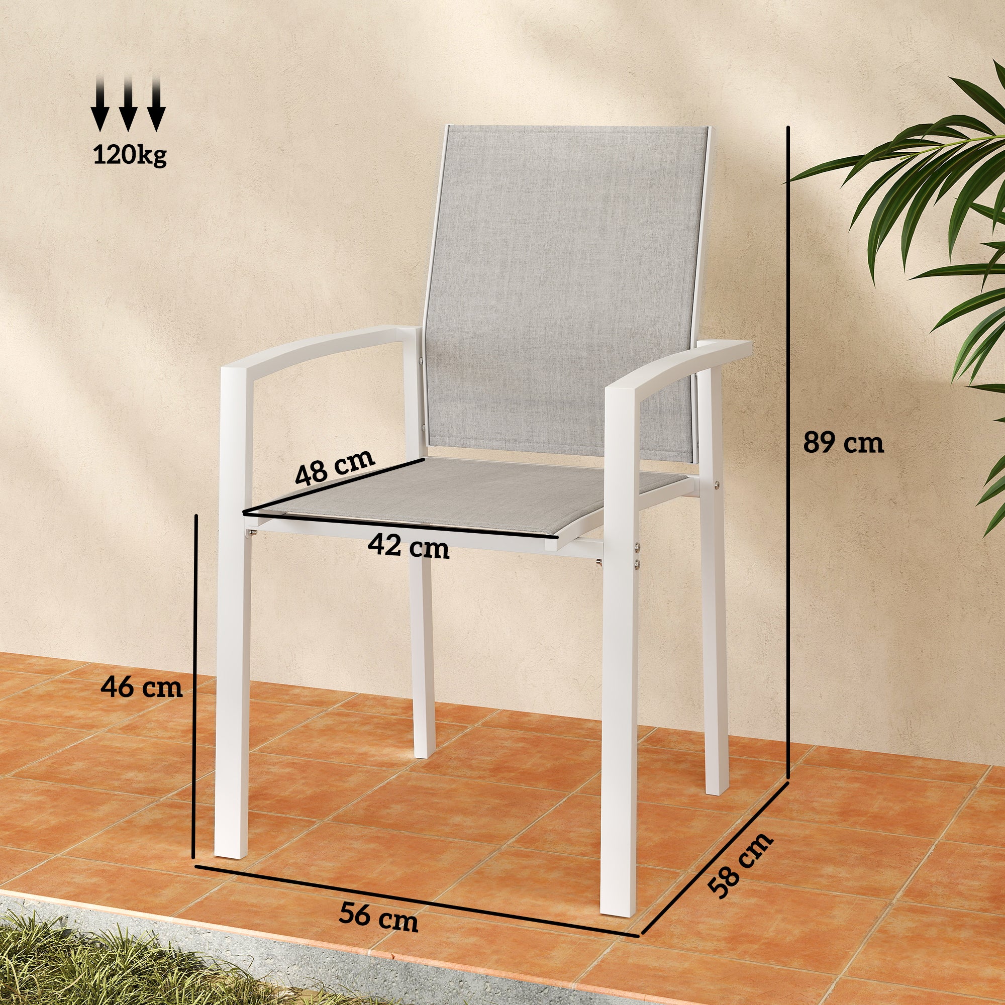 Outsunny Juego de 2 Sillas de Jardín Exterior Sillas Terraza Exterior Apilables Sillones de Comedor con Tela Transpirable Marco de Acero Reposabrazos y Respaldo 56x58x89 cm Gris Claro