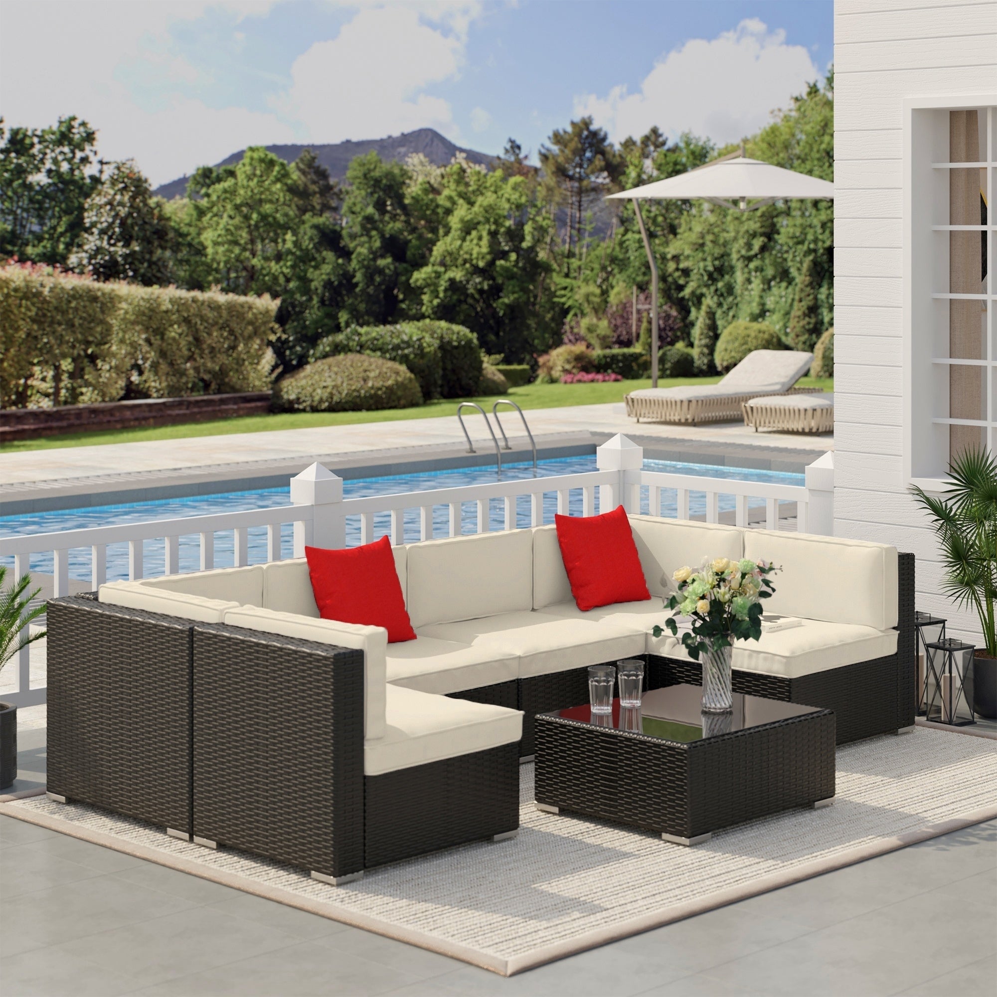 Outsunny Conjunto Muebles de Jardín Ratán 7 Piezas Set de Sofás Patio con 1 Mesita Almohada y Cojín Incluido Marco Acero Resistente Intemperie UV para Exterior Marrón