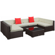 Outsunny Conjunto Muebles de Jardín Ratán 7 Piezas Set de Sofás Patio con 1 Mesita Almohada y Cojín Incluido Marco Acero Resistente Intemperie UV para Exterior Marrón