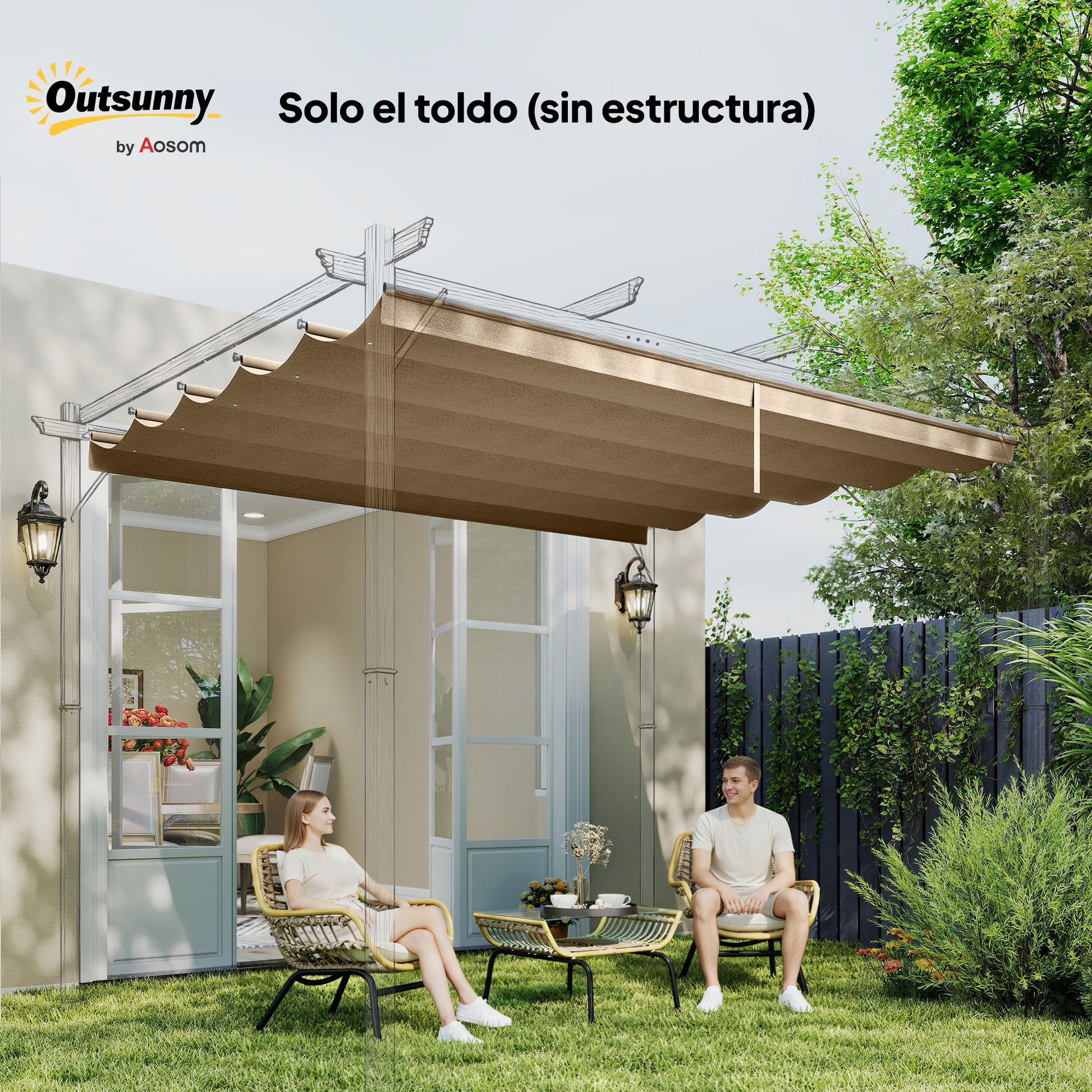 Outsunny Techo de Pérgola 2,5x2,55 m, Techo de Repuesto Retráctil para Marco de Pérgola de 3x3 m, UV30+, Toldo de Tela Solo para Cenador Jardín con 10 Orificios de Drenaje, Pardo