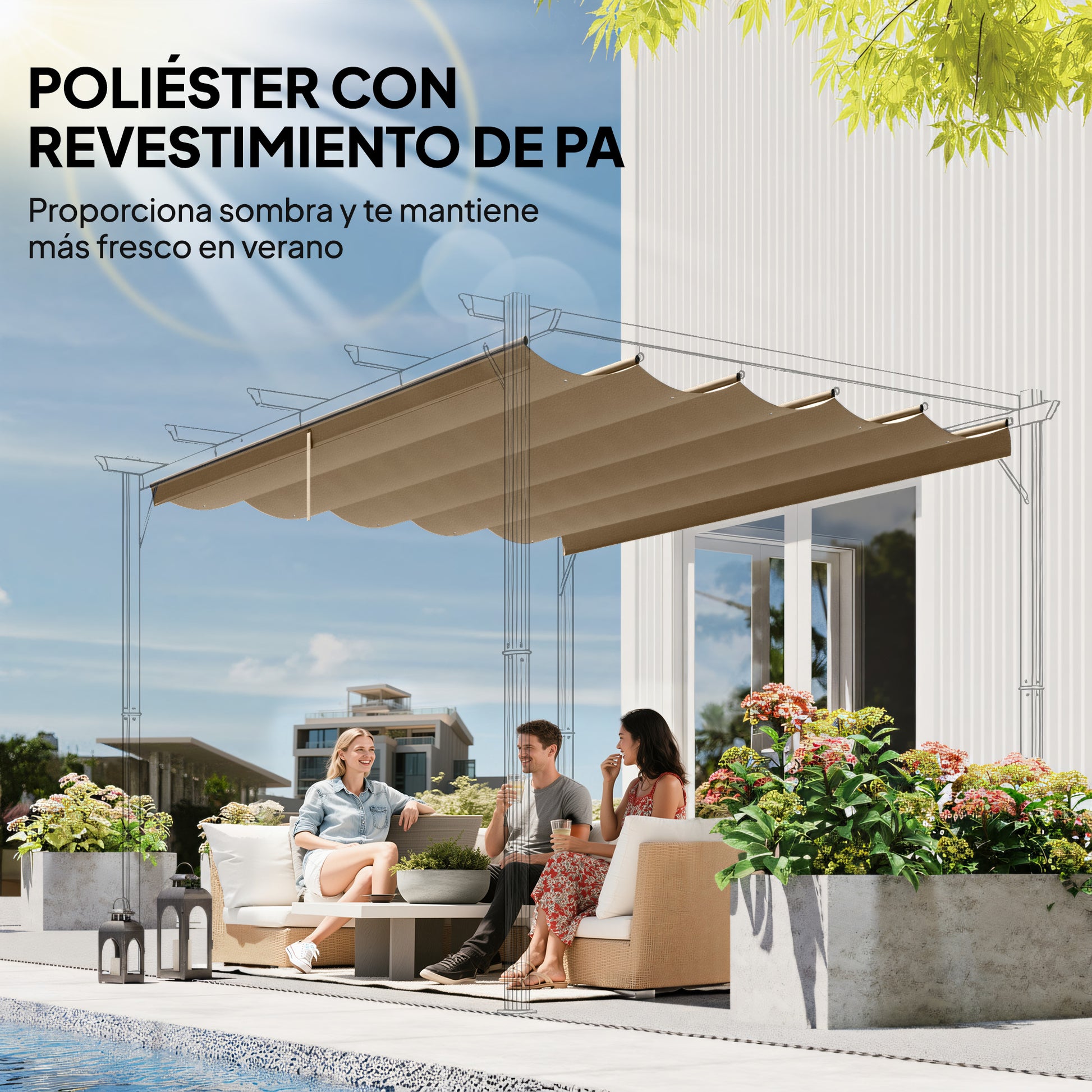 Outsunny Techo de Pérgola 2,5x2,55 m, Techo de Repuesto Retráctil para Marco de Pérgola de 3x3 m, UV30+, Toldo de Tela Solo para Cenador Jardín con 10 Orificios de Drenaje, Pardo