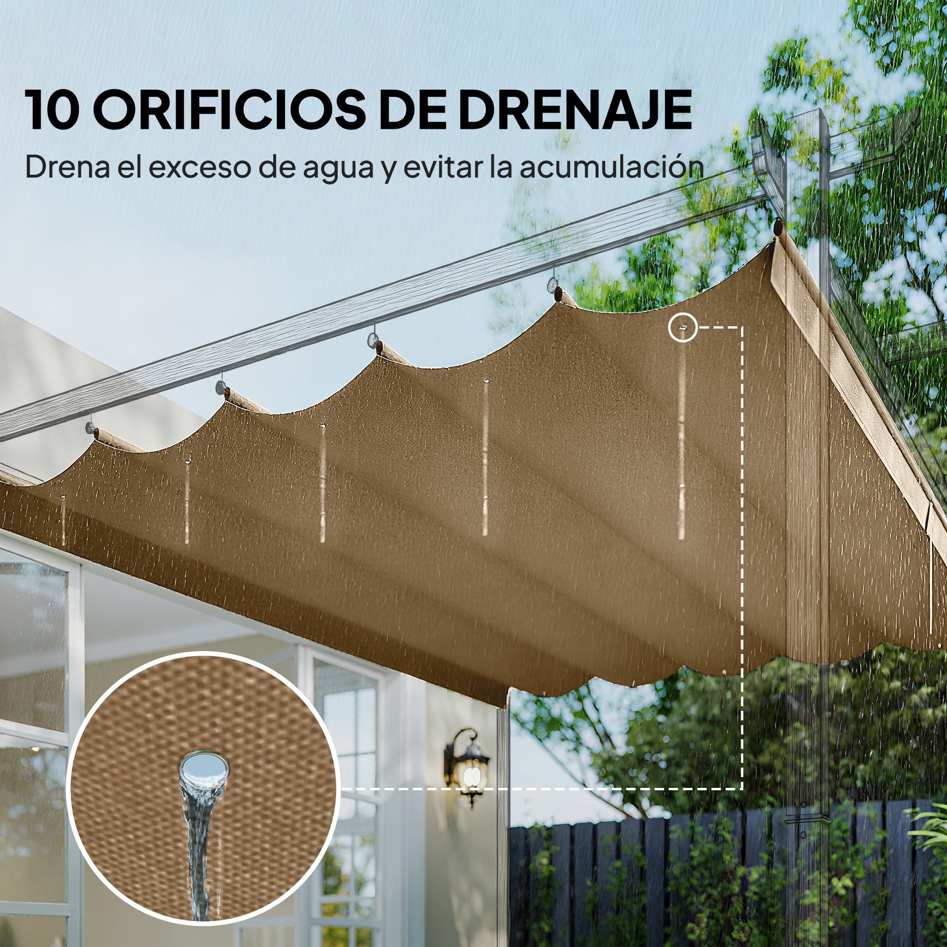 Outsunny Techo de Pérgola 2,5x2,55 m, Techo de Repuesto Retráctil para Marco de Pérgola de 3x3 m, UV30+, Toldo de Tela Solo para Cenador Jardín con 10 Orificios de Drenaje, Pardo
