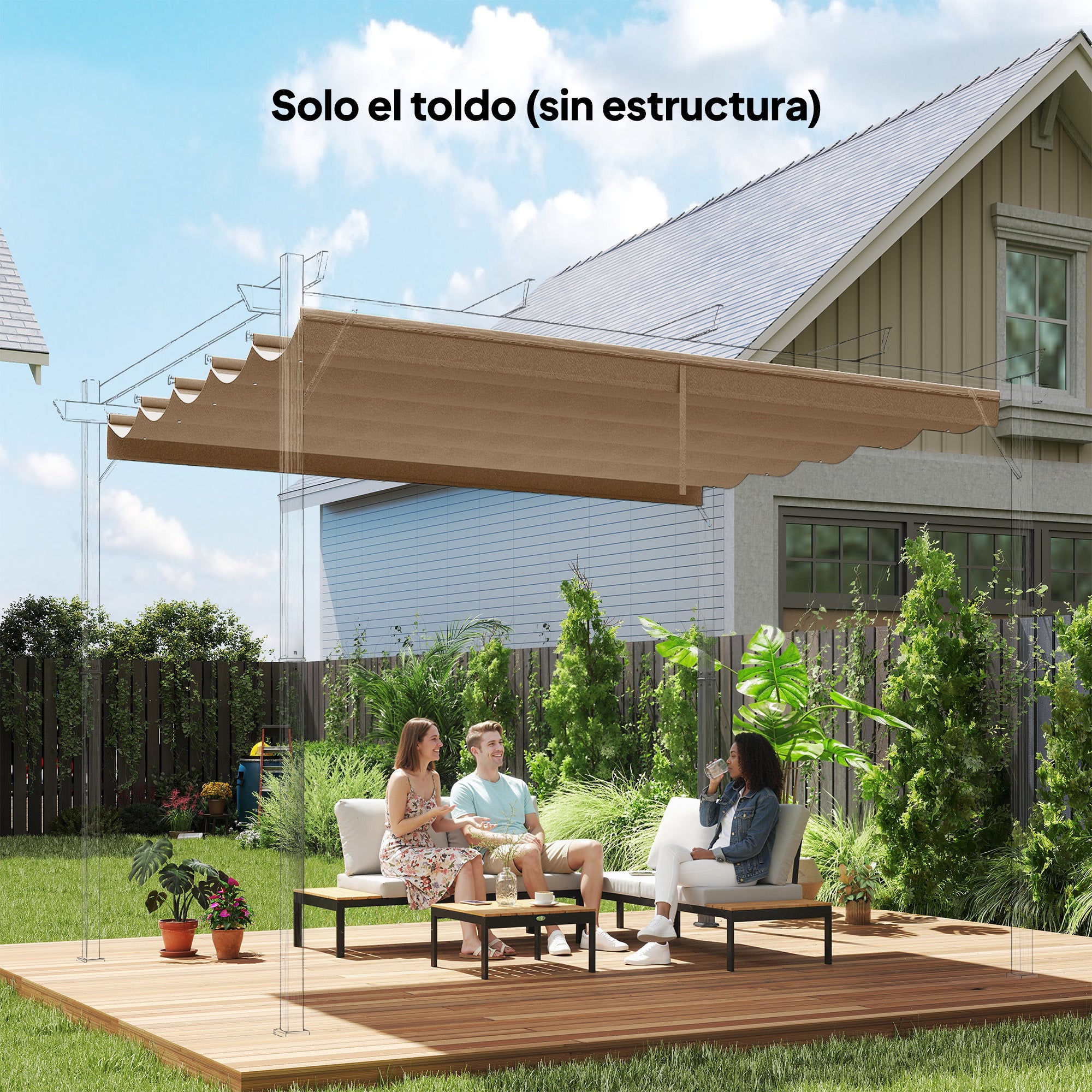Outsunny Techo de Pérgola 2,5x2,55 m, Techo de Repuesto Retráctil para Marco de Pérgola de 3x3 m, UV30+, Toldo de Tela Solo para Cenador Jardín con 10 Orificios de Drenaje, Pardo