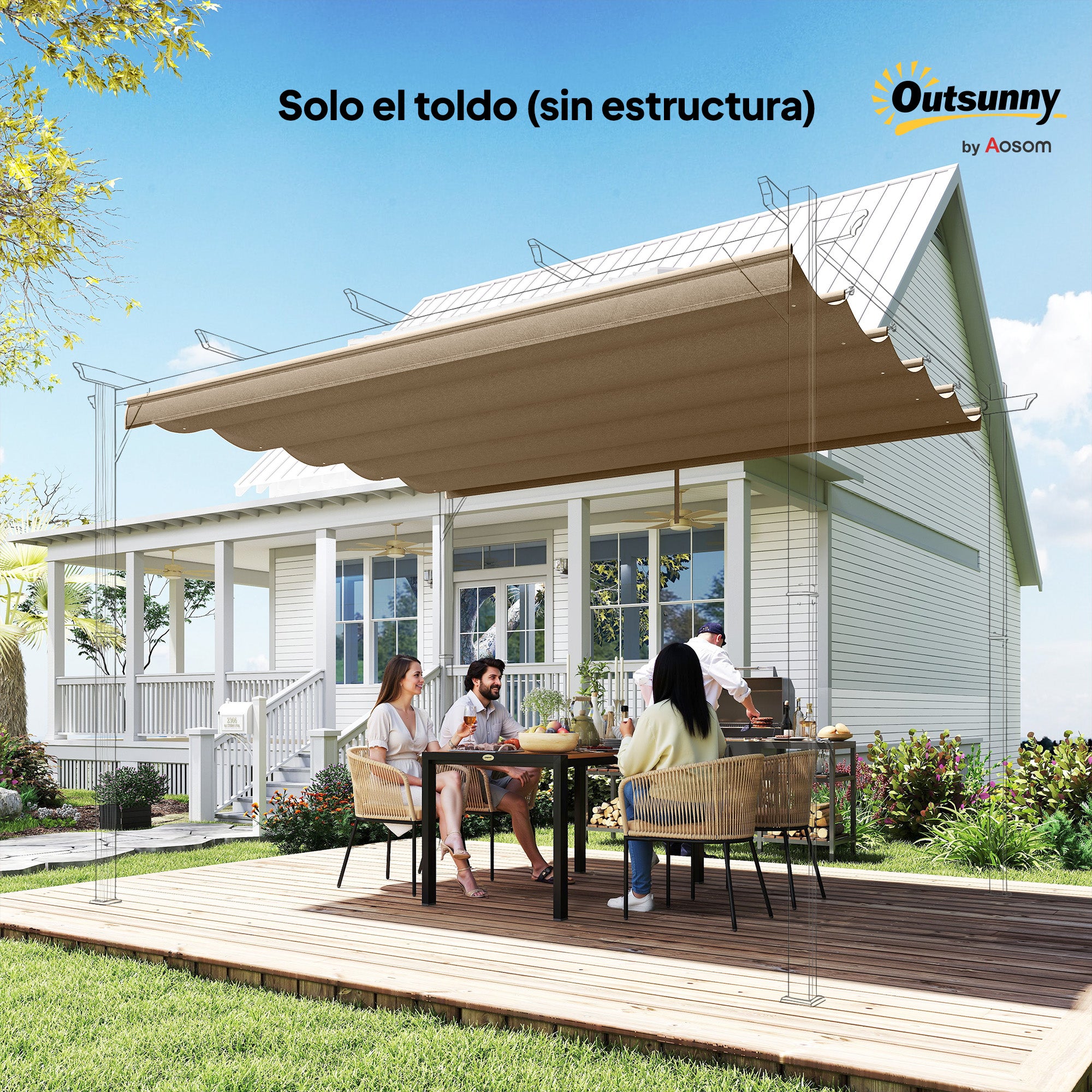 Outsunny Techo de Pérgola 2,5x2,55 m, Techo de Repuesto Retráctil para Marco de Pérgola de 3x3 m, UV30+, Toldo de Tela Solo para Cenador Jardín con 10 Orificios de Drenaje, Pardo
