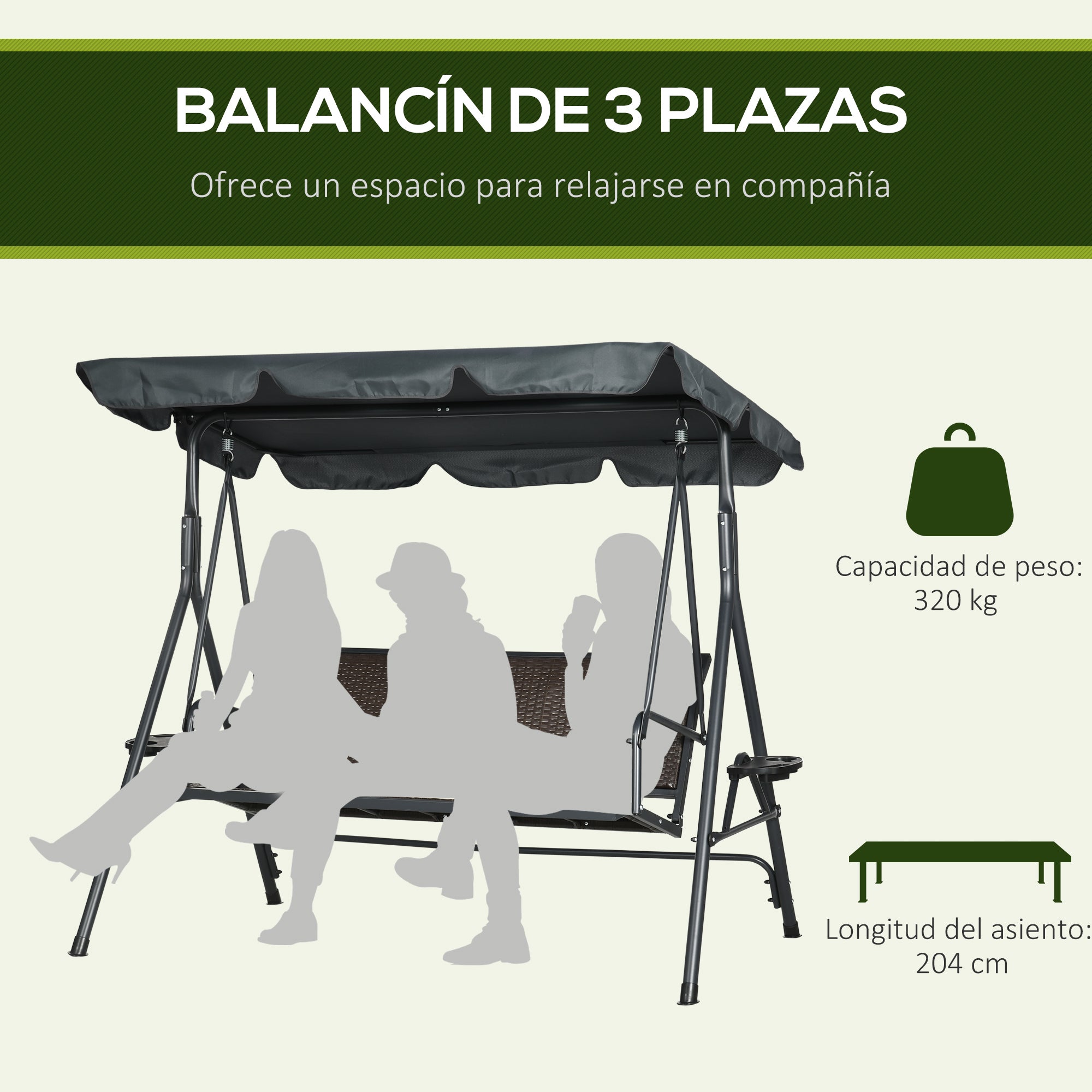 Outsunny Columpio de Jardín de 3 Plazas Banco Balancín para Exterior con Toldo Ajustable Asiento de Ratán 2 Portavasos 2 Bandejas y Marco de Acero para Terraza Patio 204x112x150 cm Gris