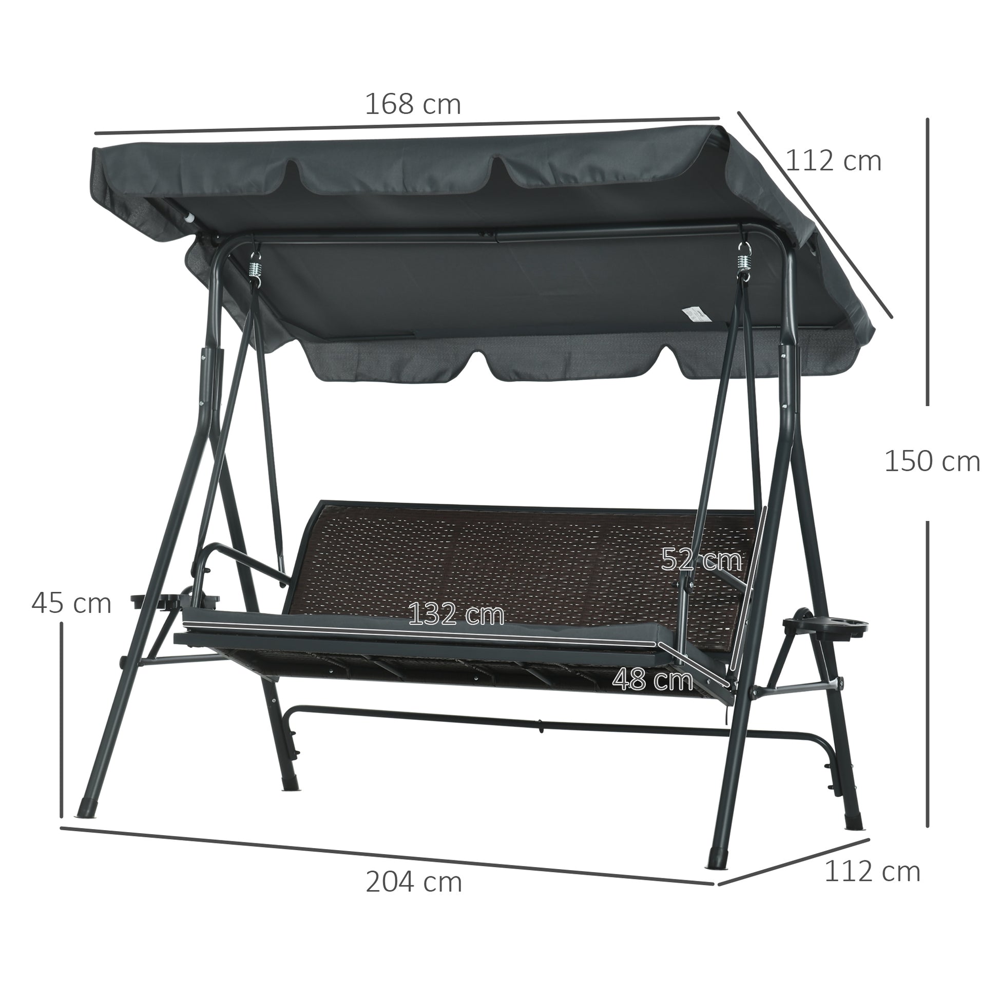 Outsunny Columpio de Jardín de 3 Plazas Banco Balancín para Exterior con Toldo Ajustable Asiento de Ratán 2 Portavasos 2 Bandejas y Marco de Acero para Terraza Patio 204x112x150 cm Gris
