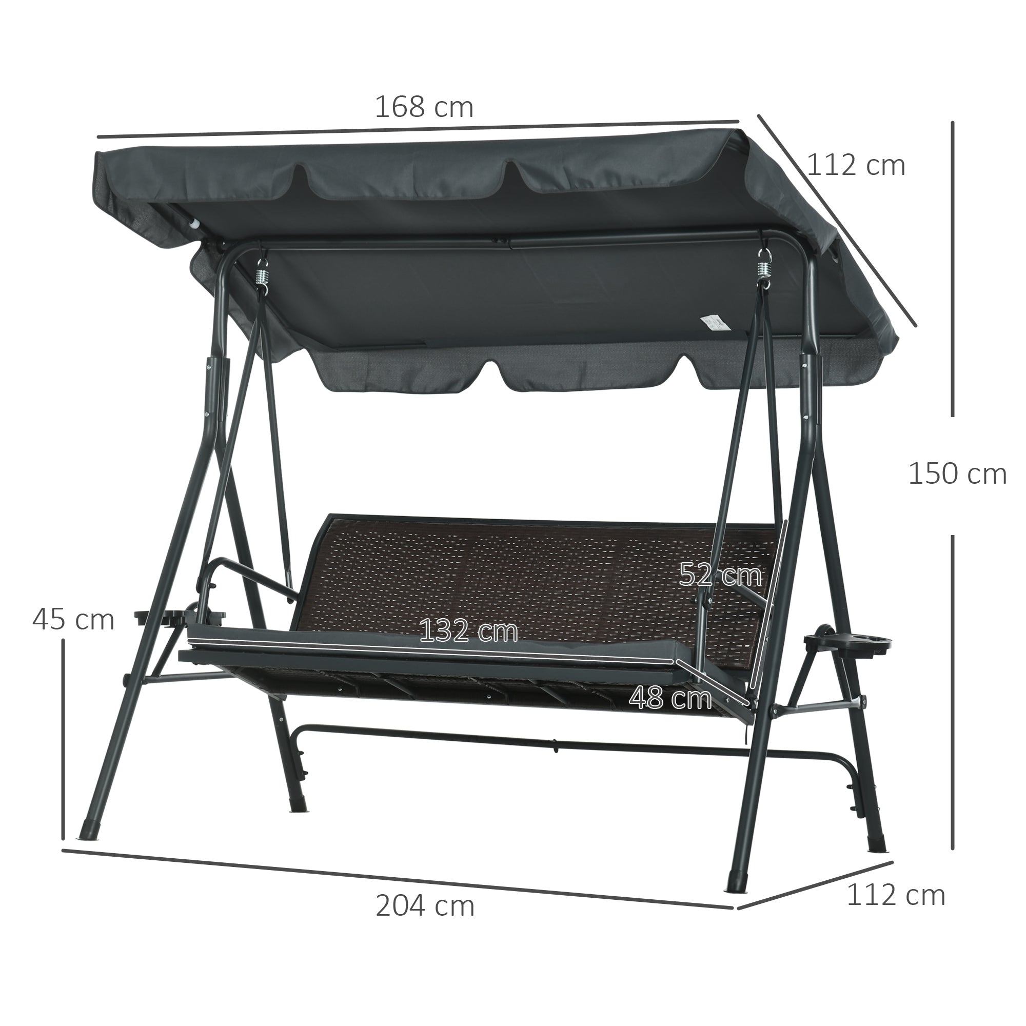 Outsunny Columpio de Jardín de 3 Plazas Banco Balancín para Exterior con Toldo Ajustable Asiento de Ratán 2 Portavasos 2 Bandejas y Marco de Acero para Terraza Patio 204x112x150 cm Gris