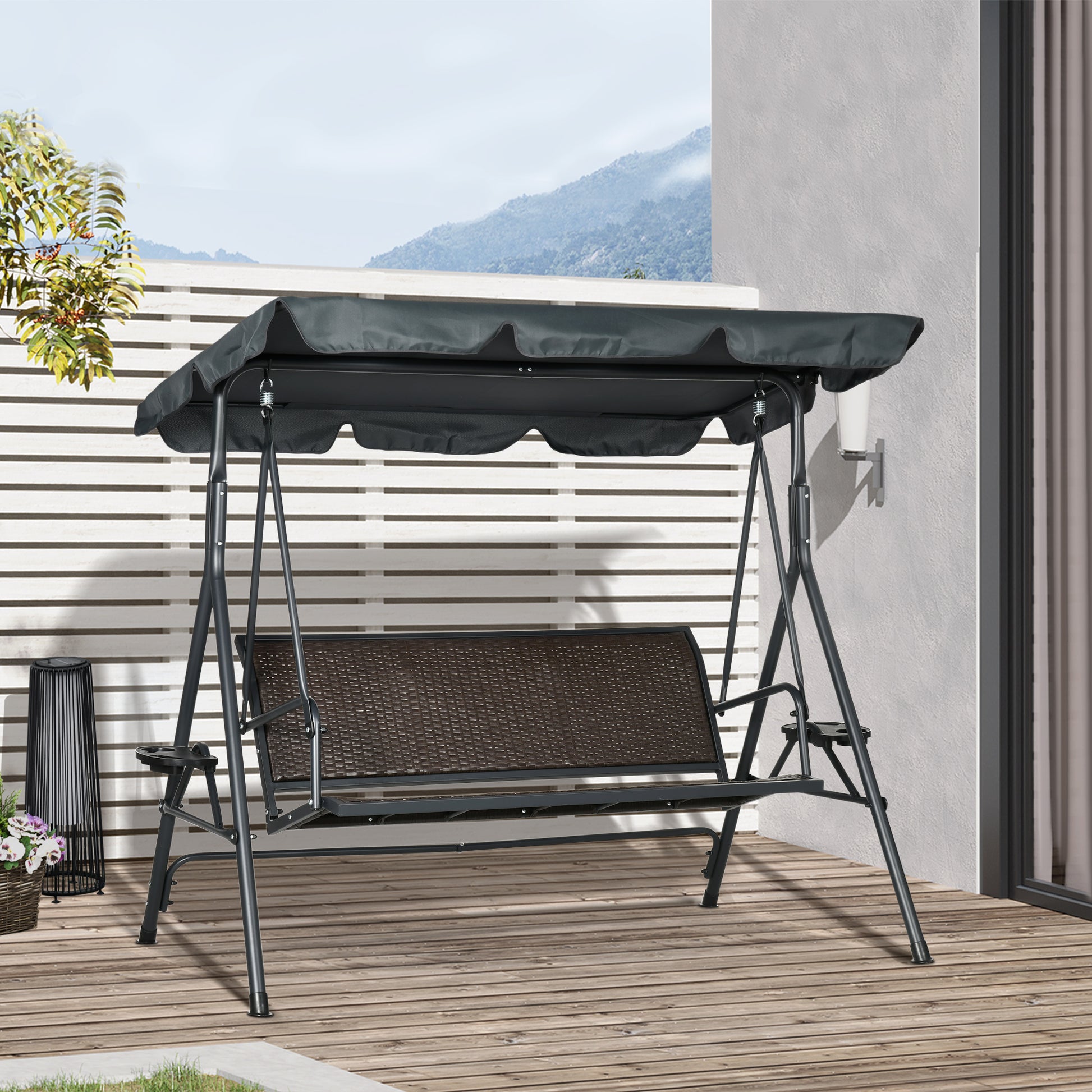 Outsunny Columpio de Jardín de 3 Plazas Banco Balancín para Exterior con Toldo Ajustable Asiento de Ratán 2 Portavasos 2 Bandejas y Marco de Acero para Terraza Patio 204x112x150 cm Gris