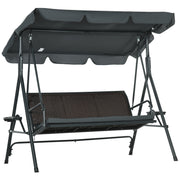 Outsunny Columpio de Jardín de 3 Plazas Banco Balancín para Exterior con Toldo Ajustable Asiento de Ratán 2 Portavasos 2 Bandejas y Marco de Acero para Terraza Patio 204x112x150 cm Gris