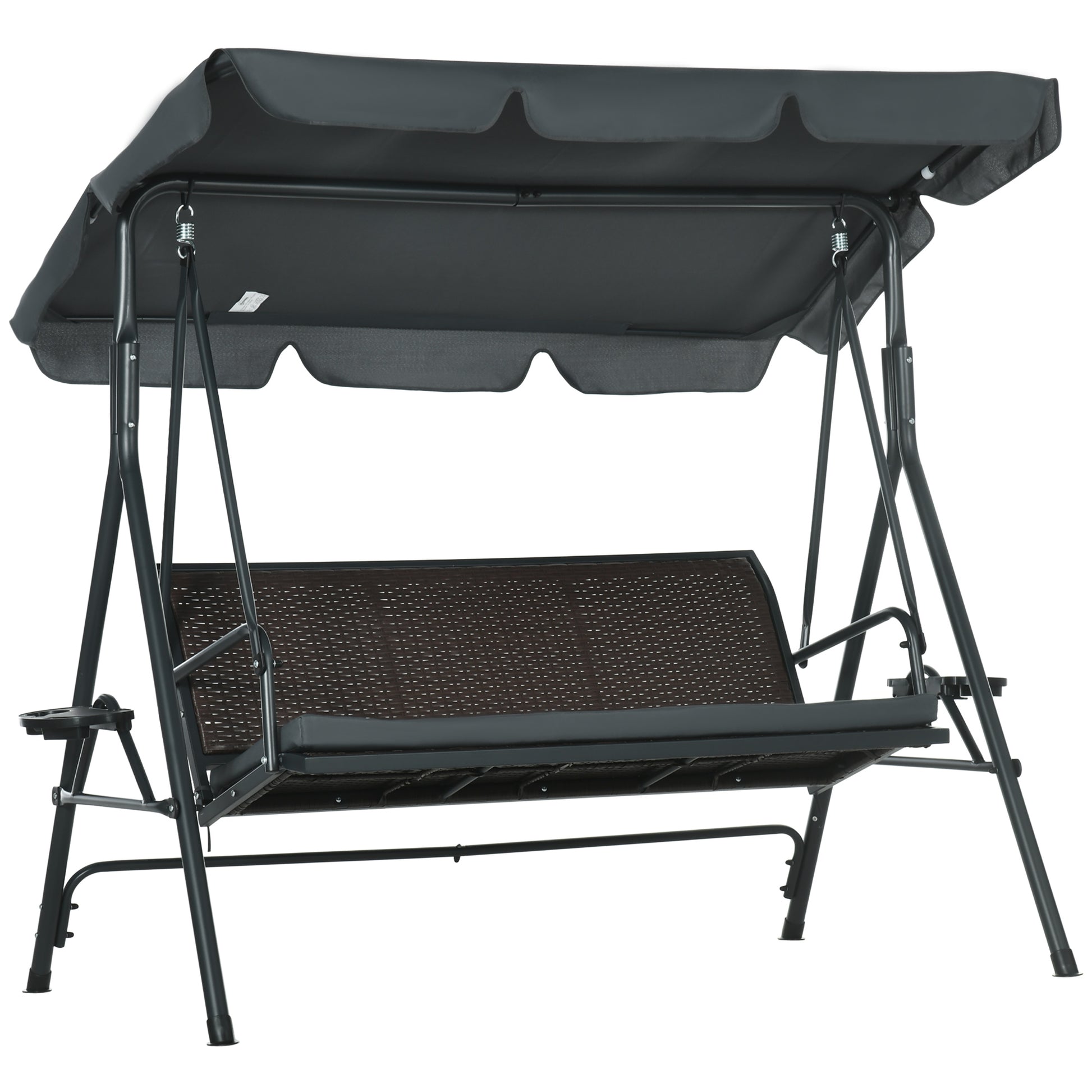 Outsunny Columpio de Jardín de 3 Plazas Banco Balancín para Exterior con Toldo Ajustable Asiento de Ratán 2 Portavasos 2 Bandejas y Marco de Acero para Terraza Patio 204x112x150 cm Gris