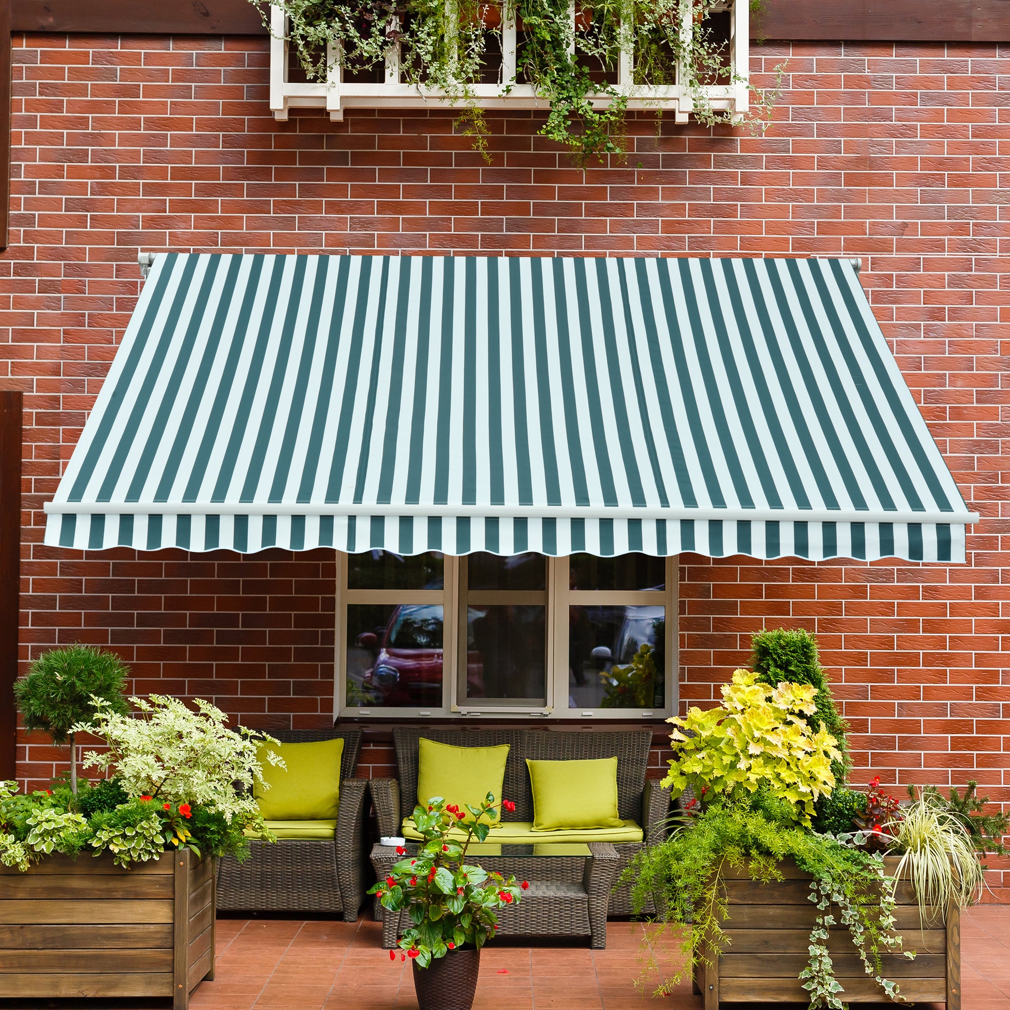 Outsunny Toldo Manual Retráctil 295x250 cm Toldo para Balcón con Manivela de Metal Impermeable y Anti-UV Toldo Enrollable de Exterior para Jardín Terraza Ventanas Verde