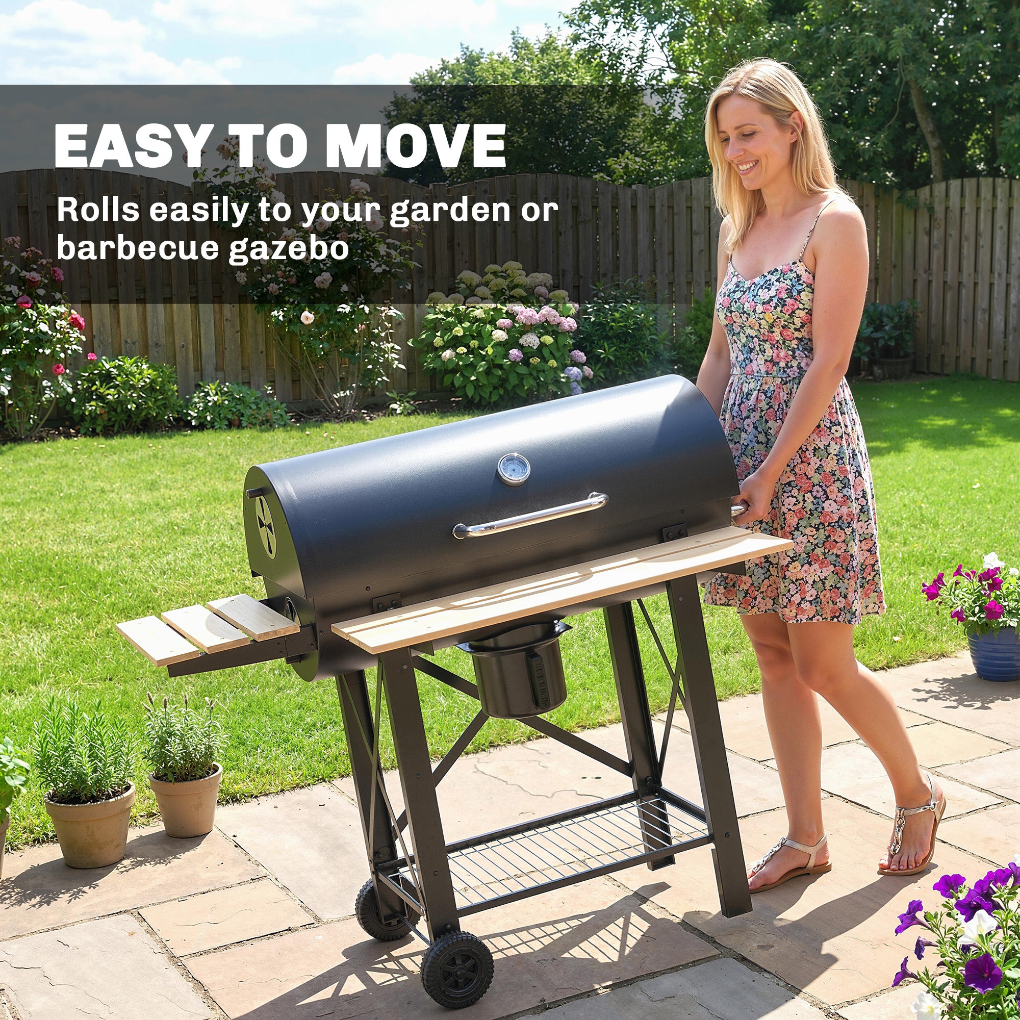 Outsunny Barbacoa de Carbón Portátil, Barbacoa de Carbón Móvil con Estantes Plegables, Termómetro, Tapa, Ventilaciones Ajustables, Recoge Cenizas, Ruedas, Asa, 109x71x98 cm, Negro y Madera Natural